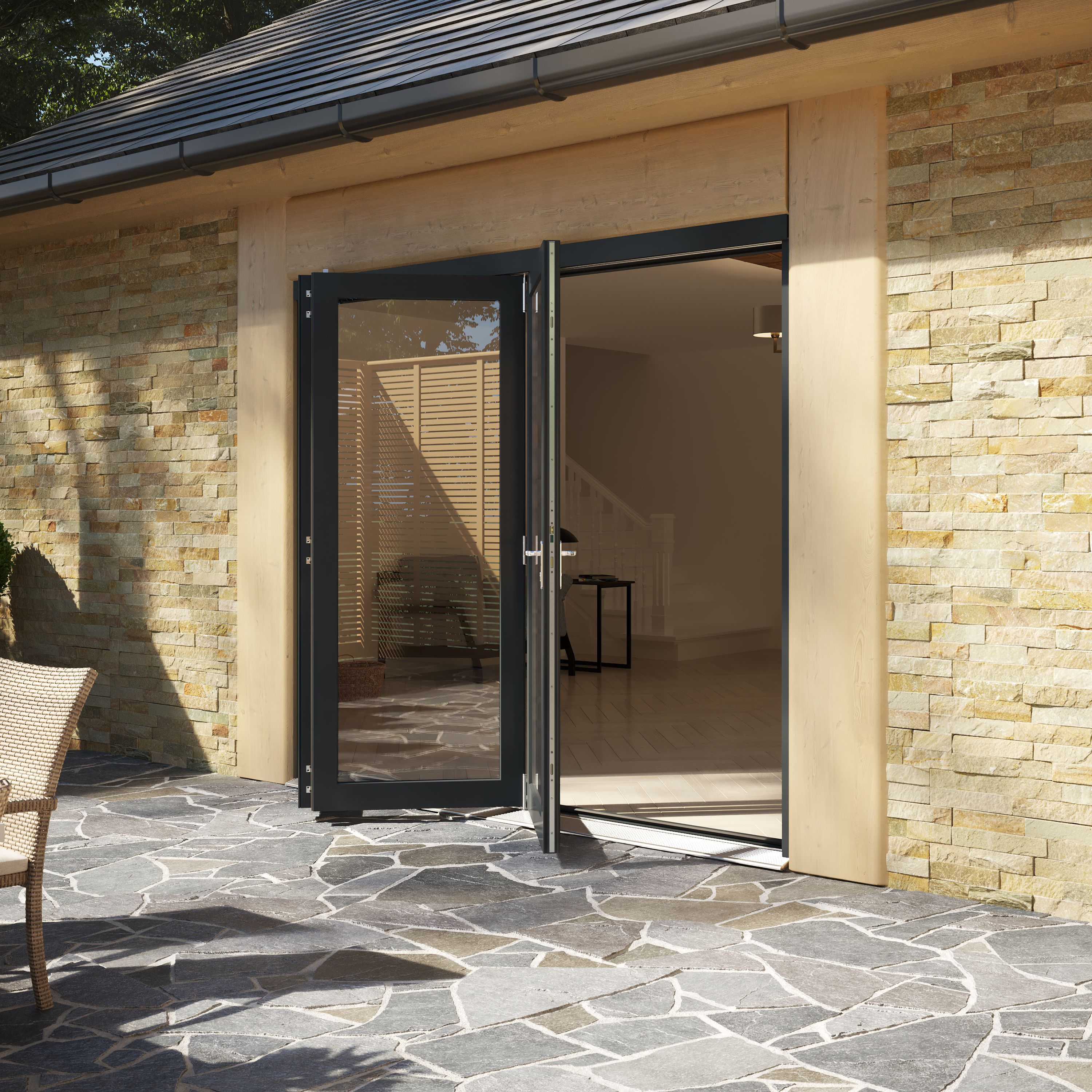 Rohden Clear Fully glazed Anthracite Grey Timber External Contemporary 3 Patio Bi-folding door, (H)2090mm (W)2390mm