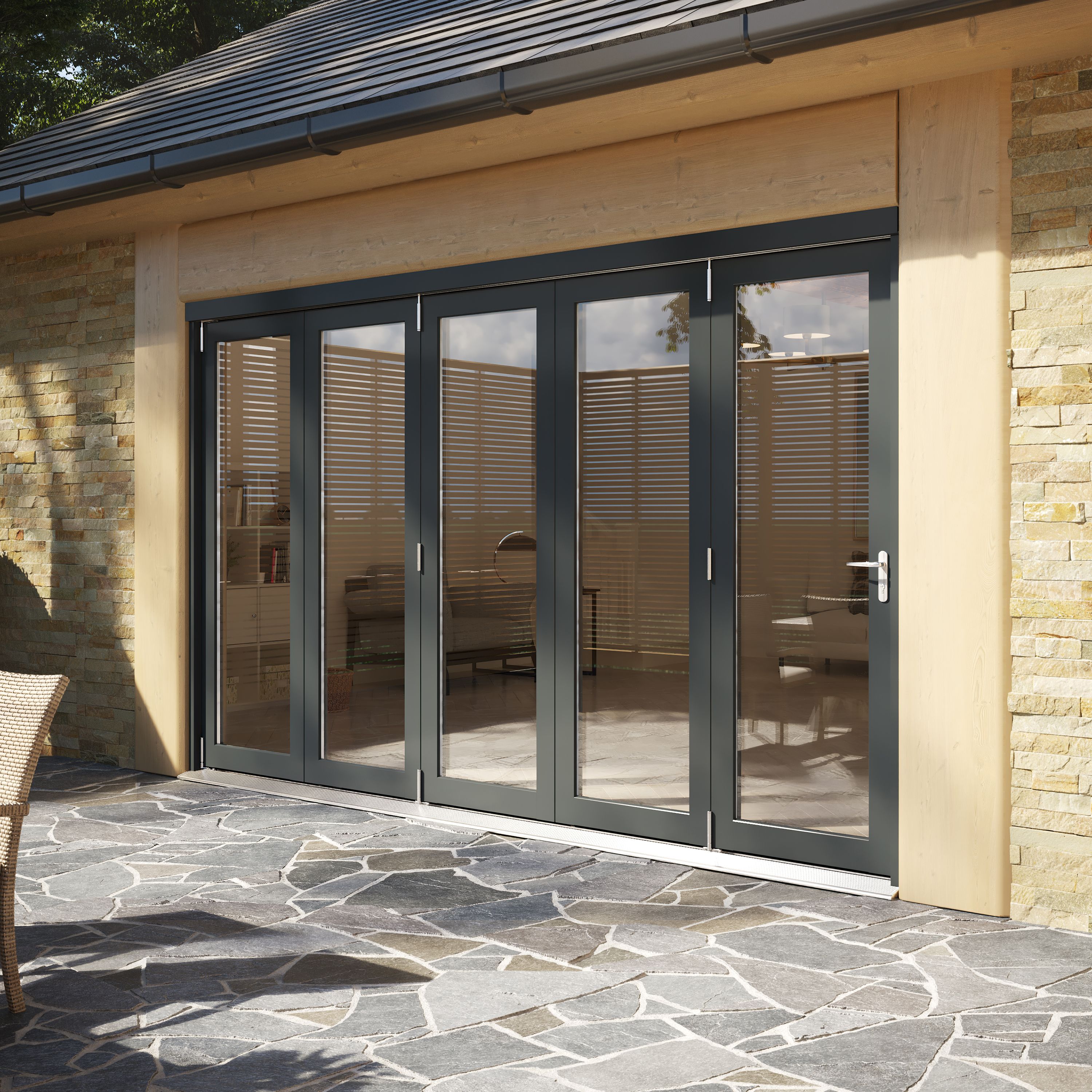 Rohden Clear Fully glazed Anthracite Grey Timber External Contemporary 5 Patio Bi-folding door, (H)2090mm (W)3590mm