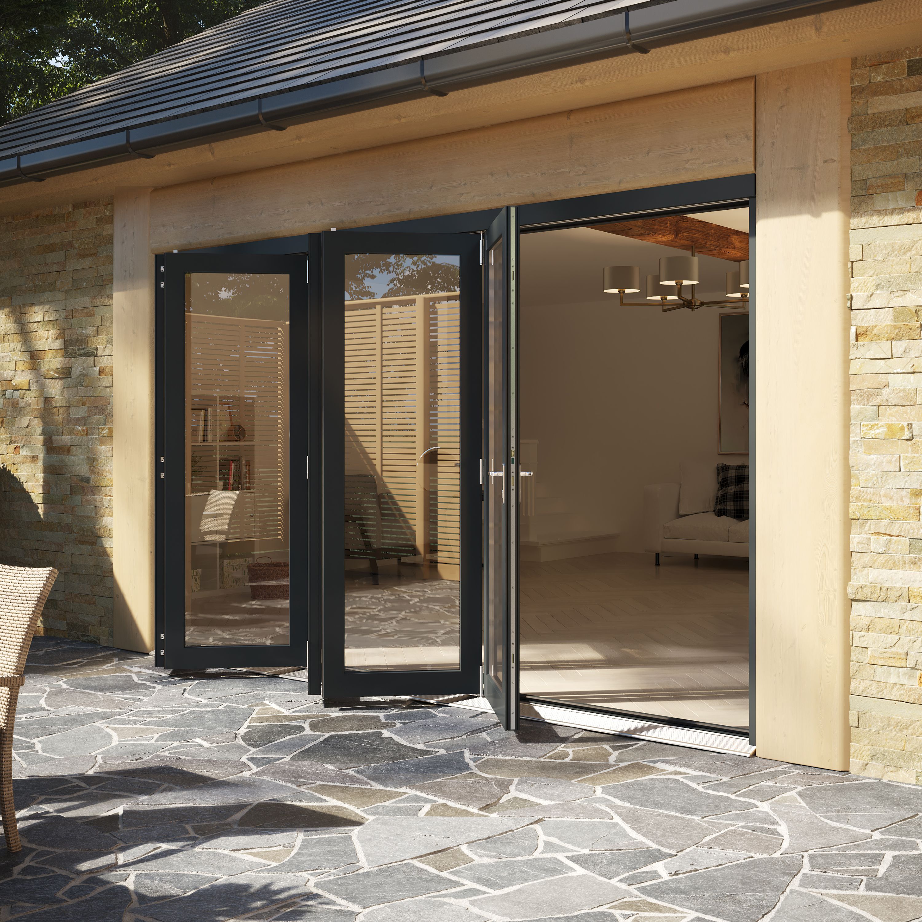 Rohden Clear Fully glazed Anthracite Grey Timber External Contemporary 5 Patio Bi-folding door, (H)2090mm (W)3590mm