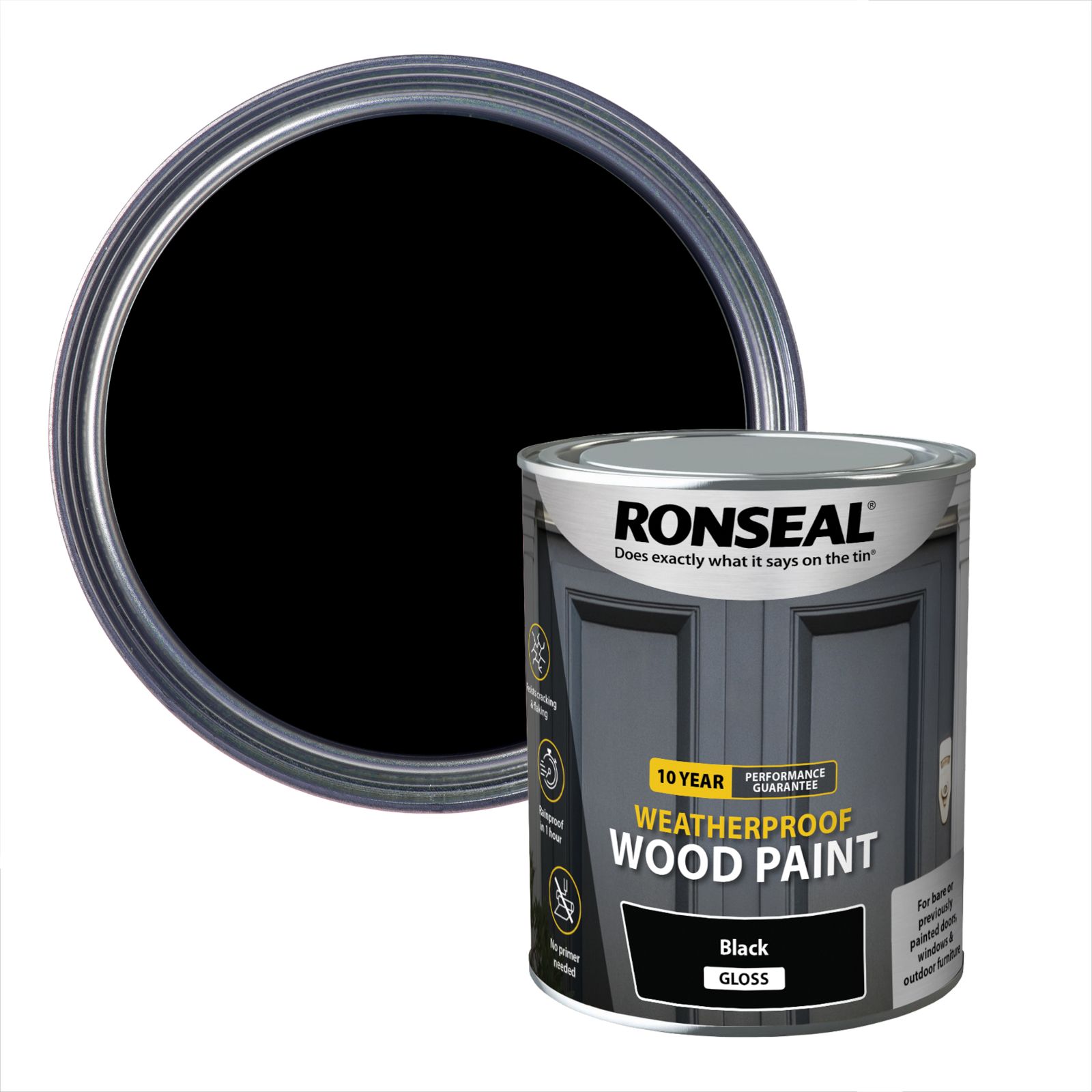 Ronseal 10 Year Weatherproof Wood Paint Black Gloss Exterior Wood paint, 750ml Tin