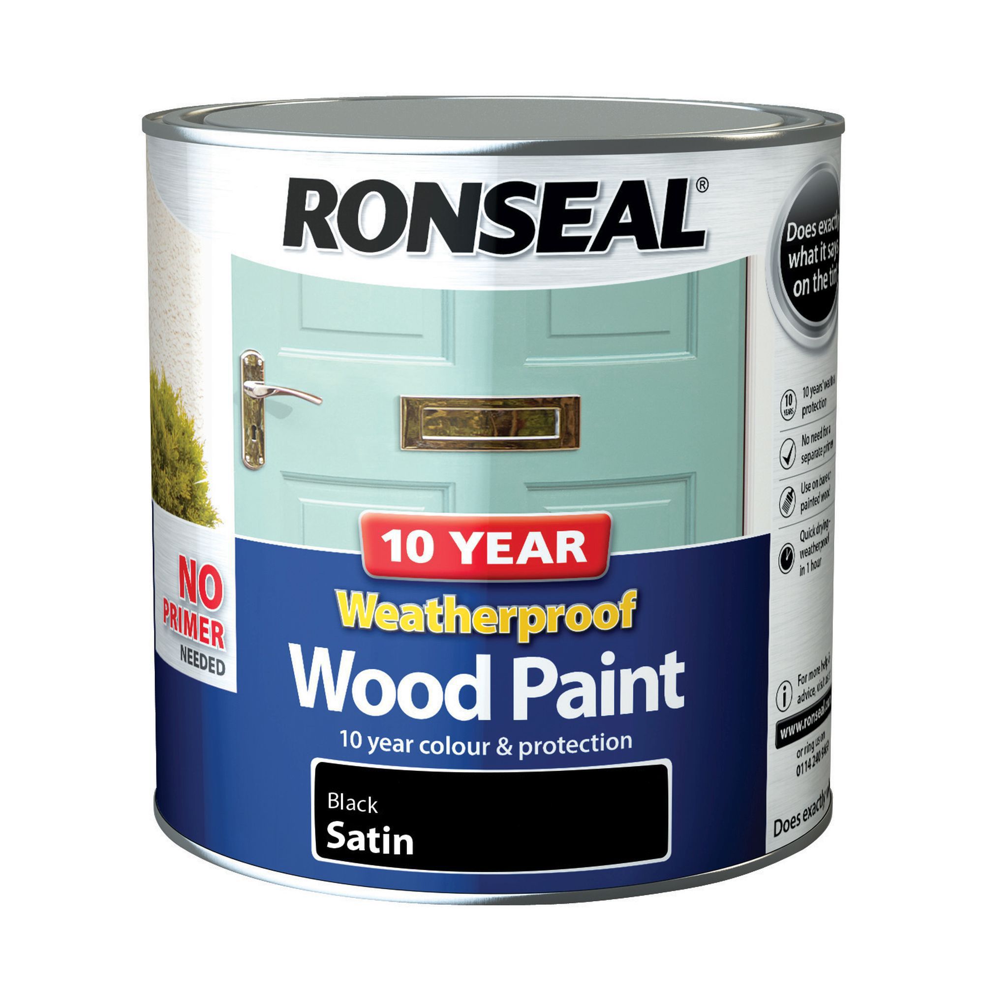 Ronseal 10 Year Weatherproof Wood Paint Black Satin Exterior Wood paint, 2.5L Tin