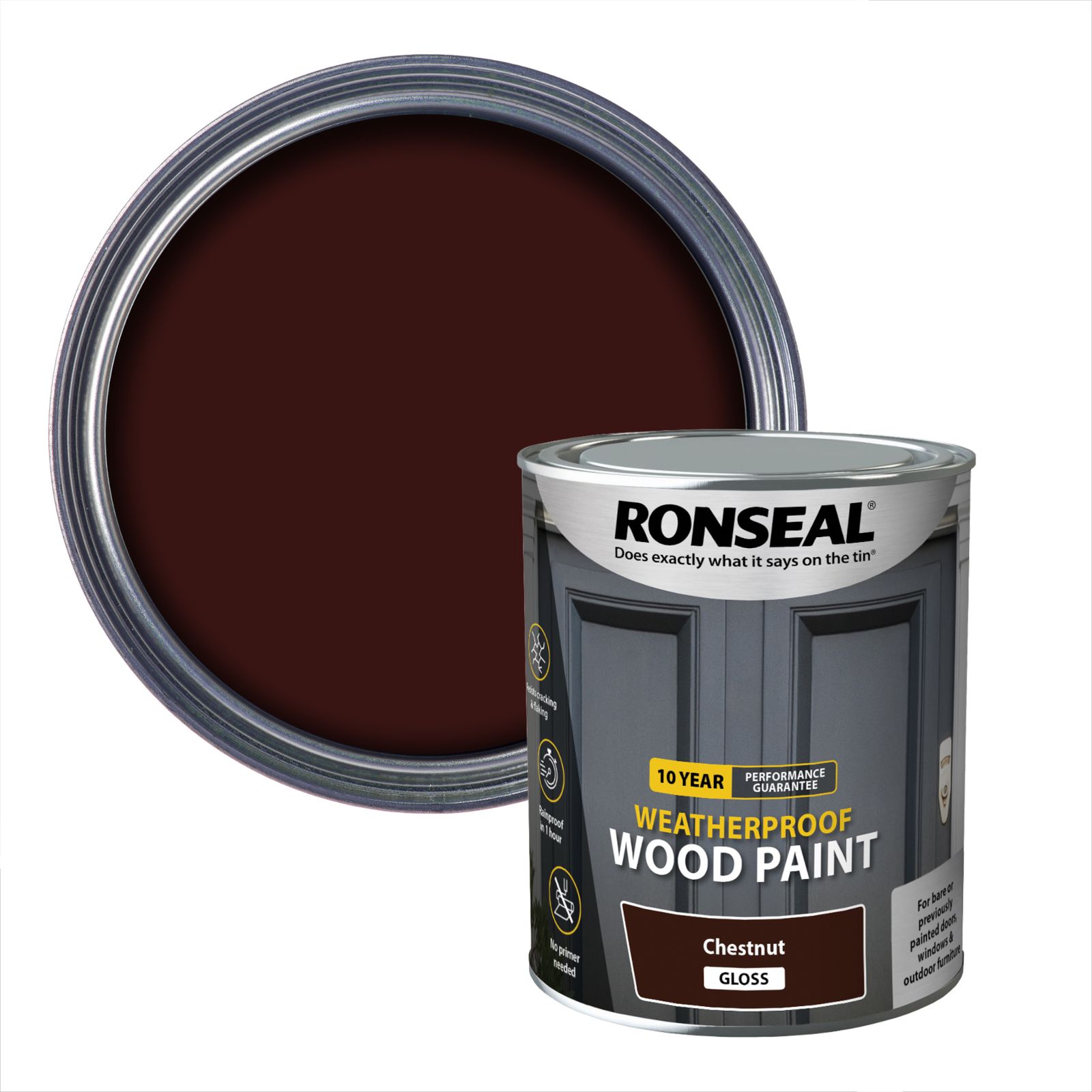 Ronseal 10 Year Weatherproof Wood Paint Chestnut Gloss Exterior Wood paint, 750ml Tin