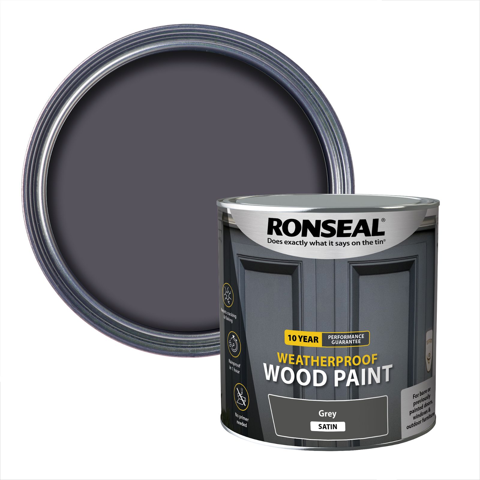 Ronseal 10 Year Weatherproof Wood Paint Grey Satin Exterior Wood paint, 2.5L Tin