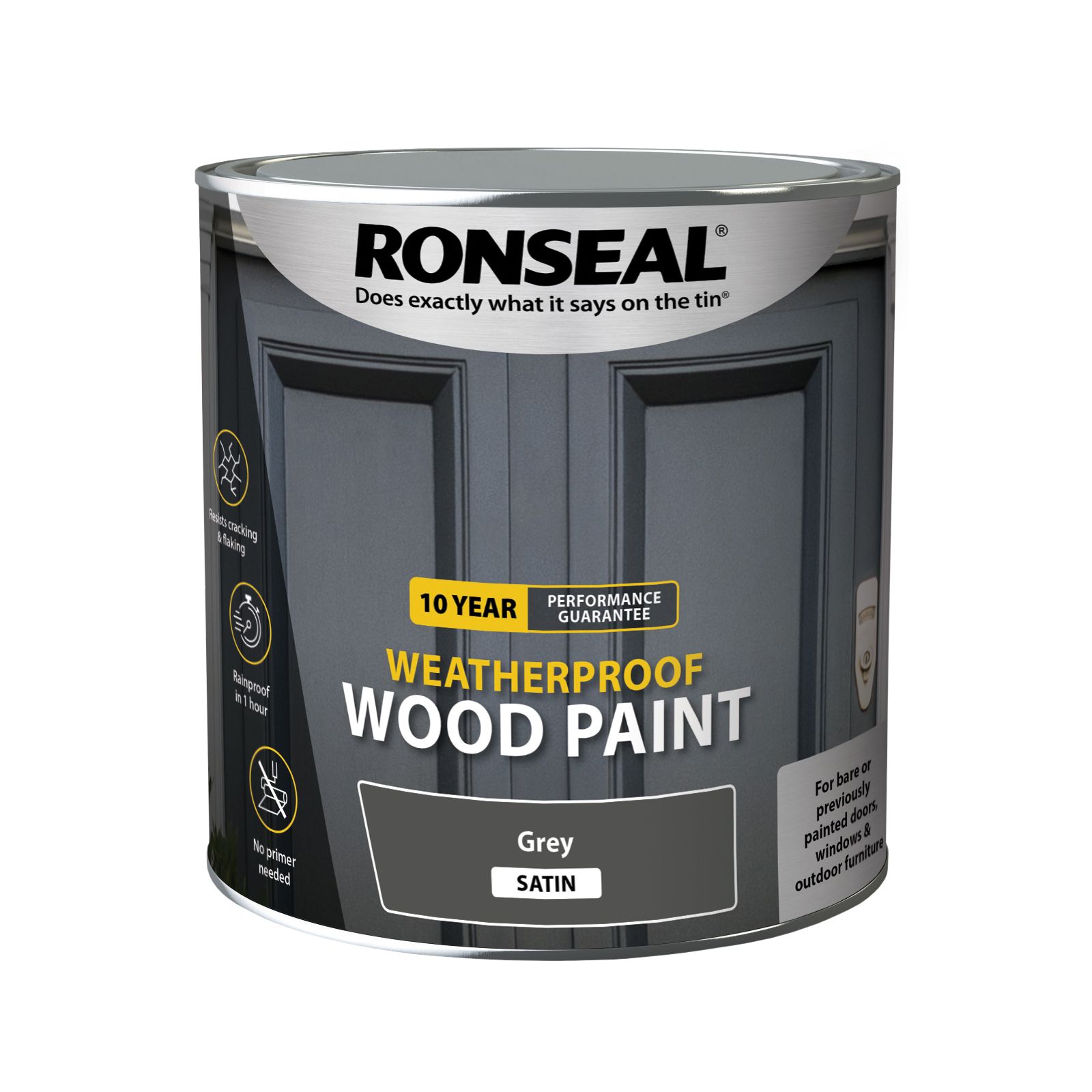 Ronseal 10 Year Weatherproof Wood Paint Grey Satin Exterior Wood paint, 2.5L Tin