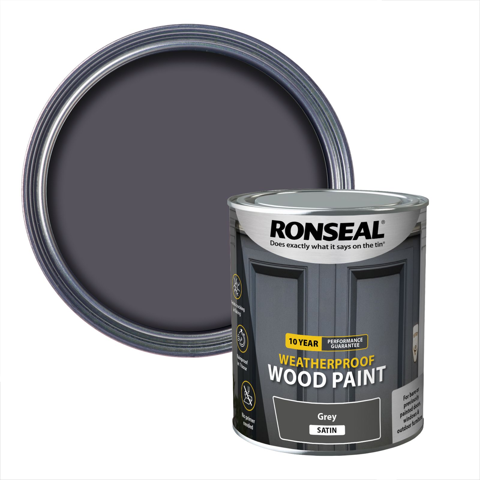 Ronseal 10 Year Weatherproof Wood Paint Grey Satin Exterior Wood paint, 750ml Tin