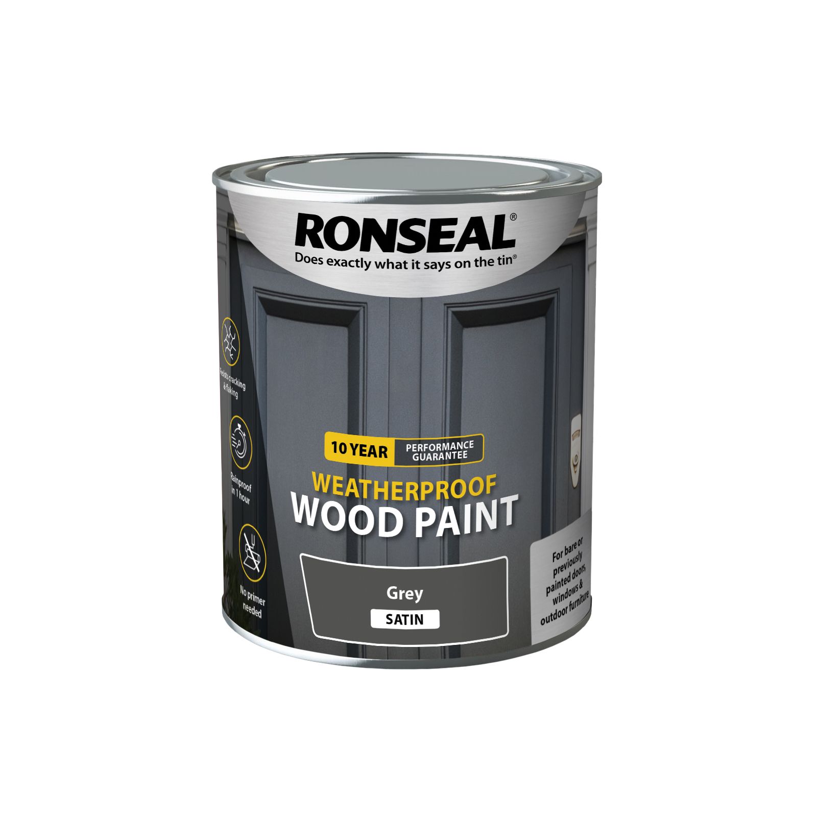 Ronseal 10 Year Weatherproof Wood Paint Grey Satin Exterior Wood paint, 750ml Tin