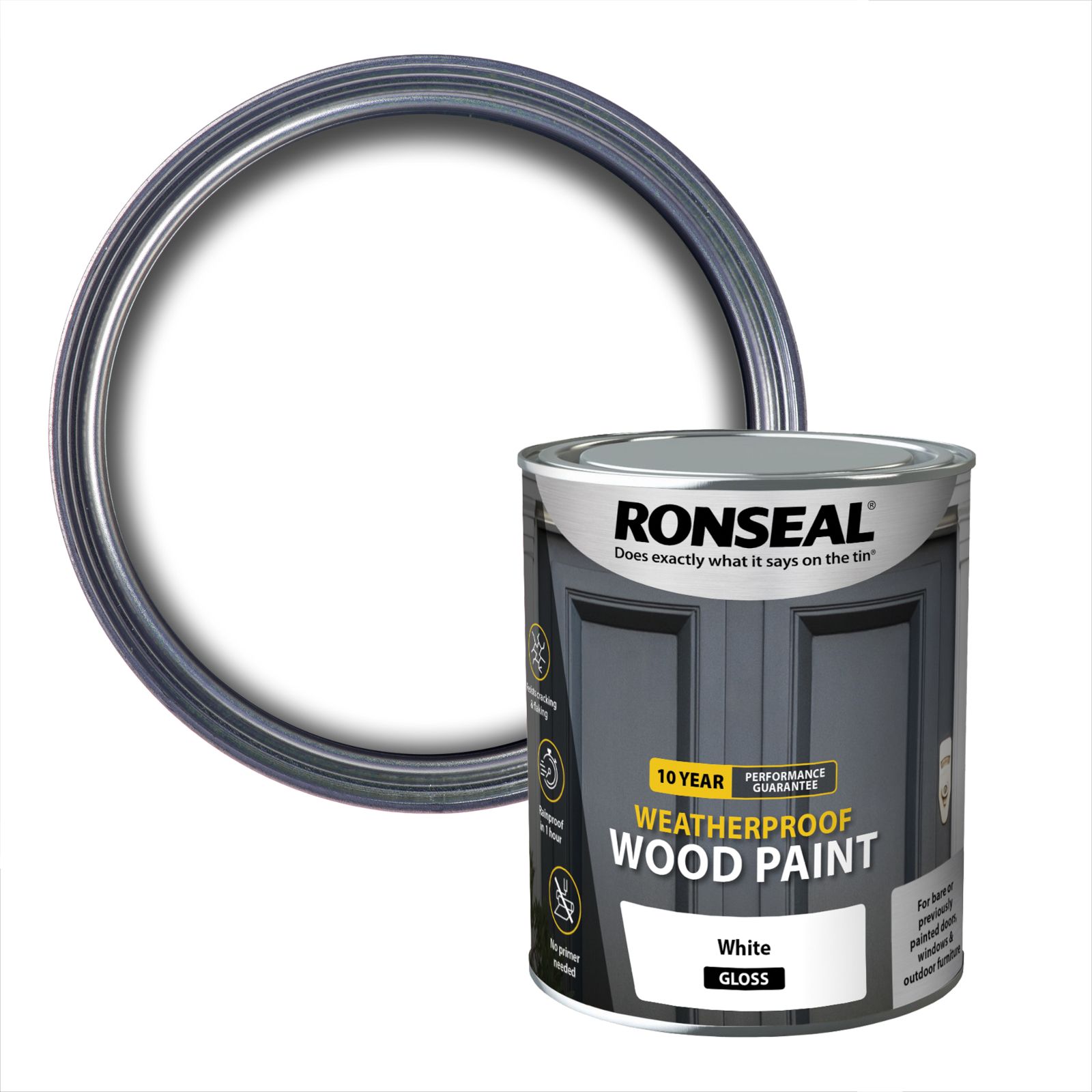 Ronseal 10 Year Weatherproof Wood Paint White Gloss Exterior Wood paint, 750ml Tin