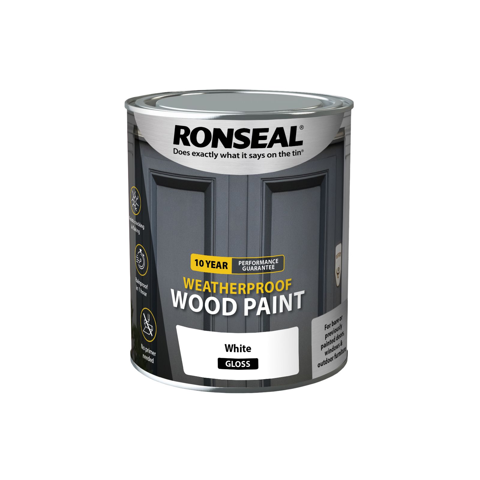 Ronseal 10 Year Weatherproof Wood Paint White Gloss Exterior Wood paint, 750ml Tin