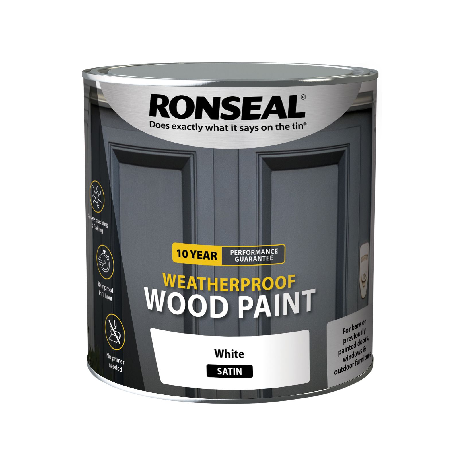 Ronseal 10 Year Weatherproof Wood Paint White Satin Exterior Wood paint, 2.5L Tin