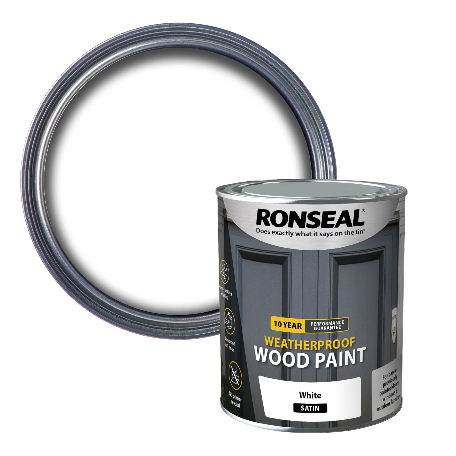 Ronseal 10 Year Weatherproof Wood Paint White Satin Exterior Wood paint, 750ml Tin