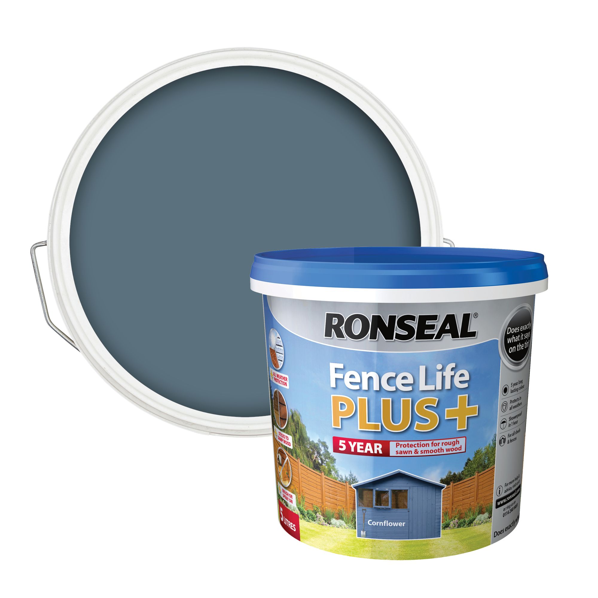Ronseal Fence Life Plus Cornflower Matt Exterior Fence & shed Wood paint, 5L Tub