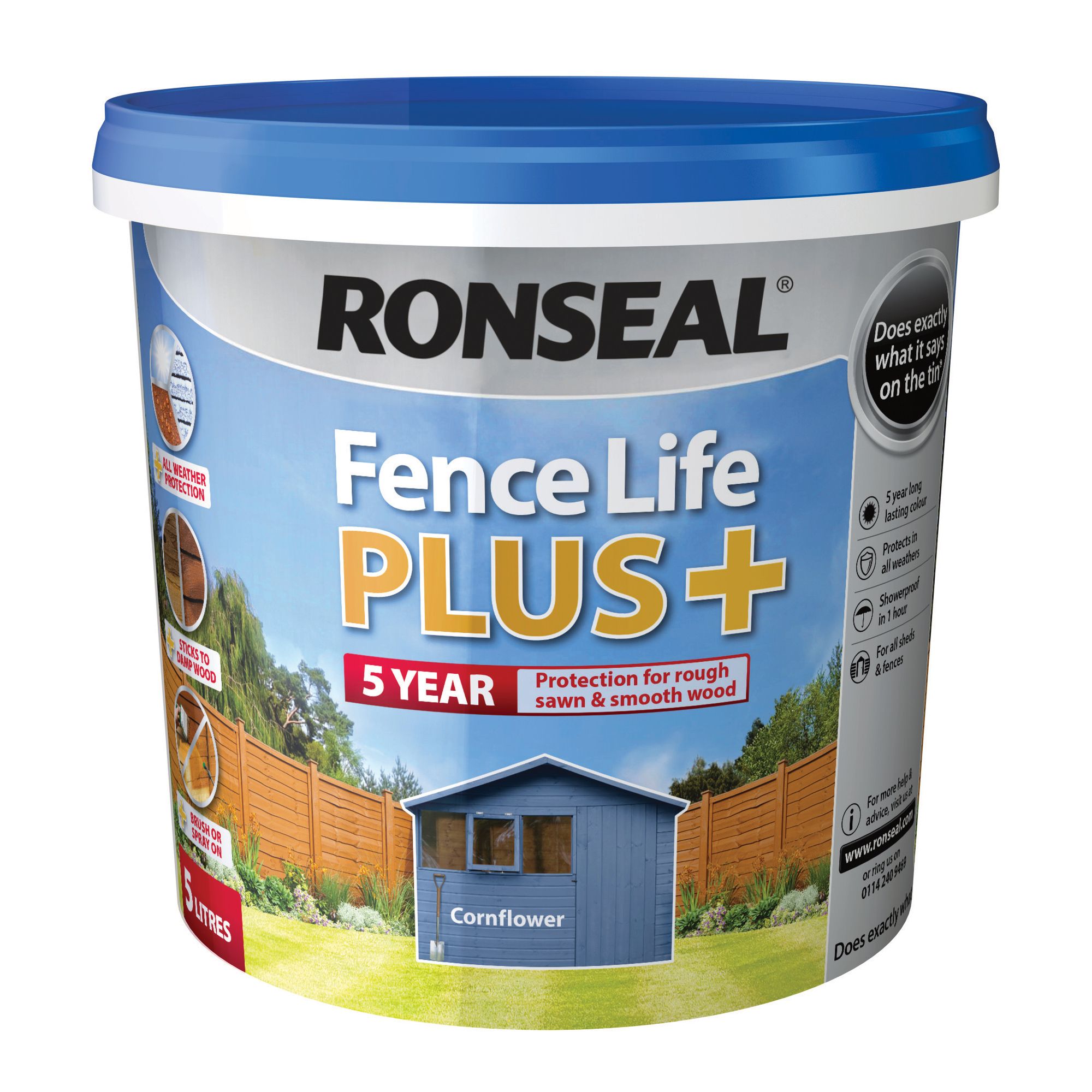 Ronseal Fence Life Plus Cornflower Matt Exterior Fence & shed Wood paint, 5L Tub