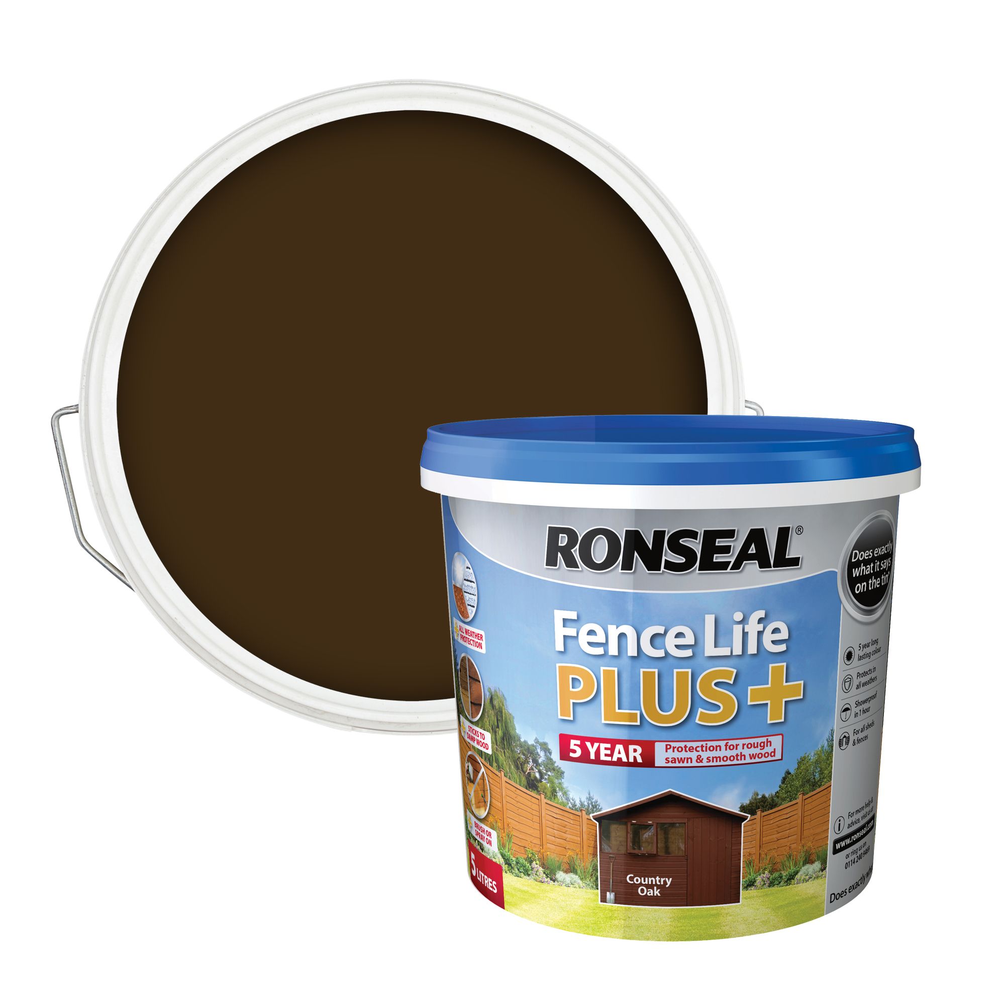 Ronseal Fence Life Plus Country oak Matt Exterior Fence & shed Wood paint, 5L Tub