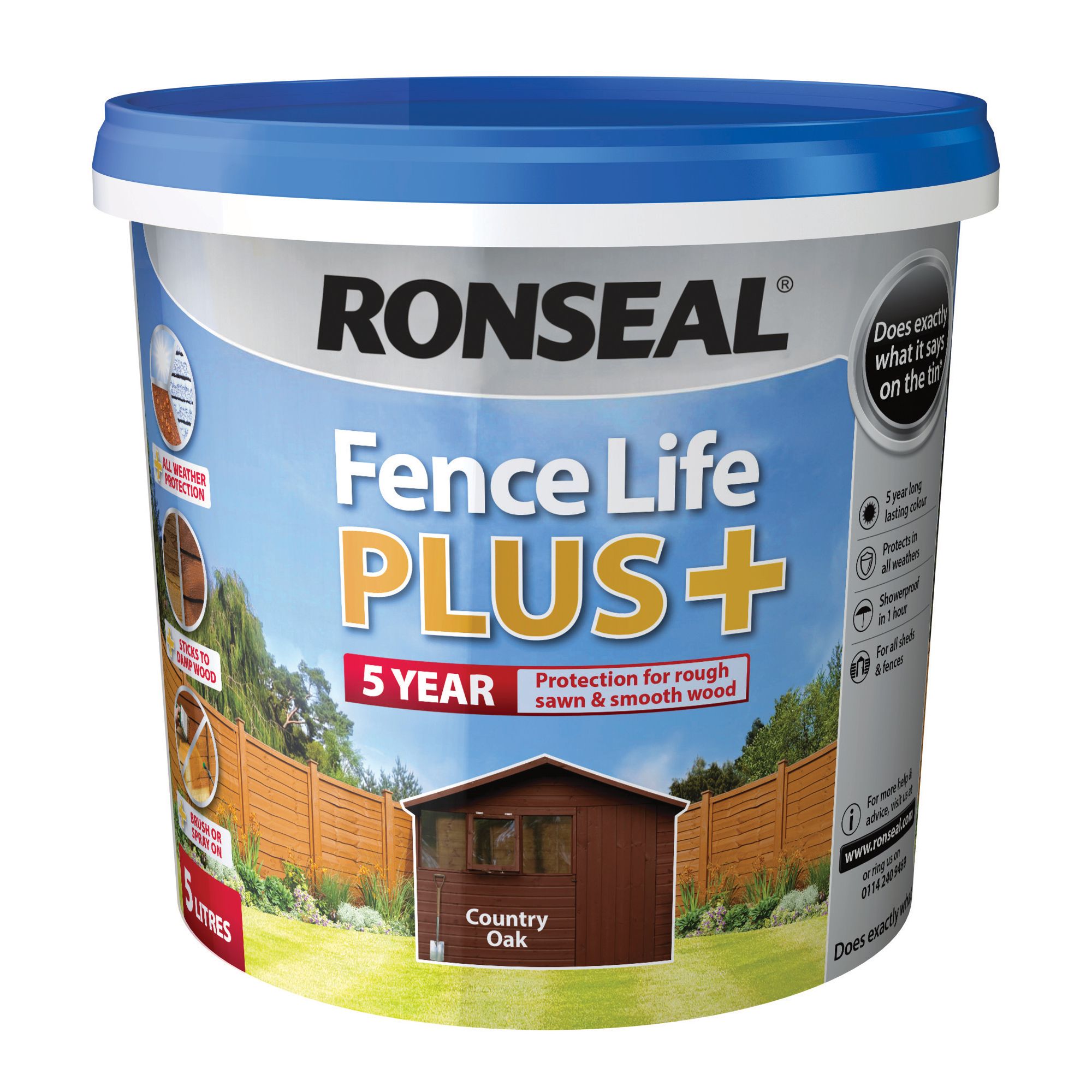 Ronseal Fence Life Plus Country oak Matt Exterior Fence & shed Wood paint, 5L Tub