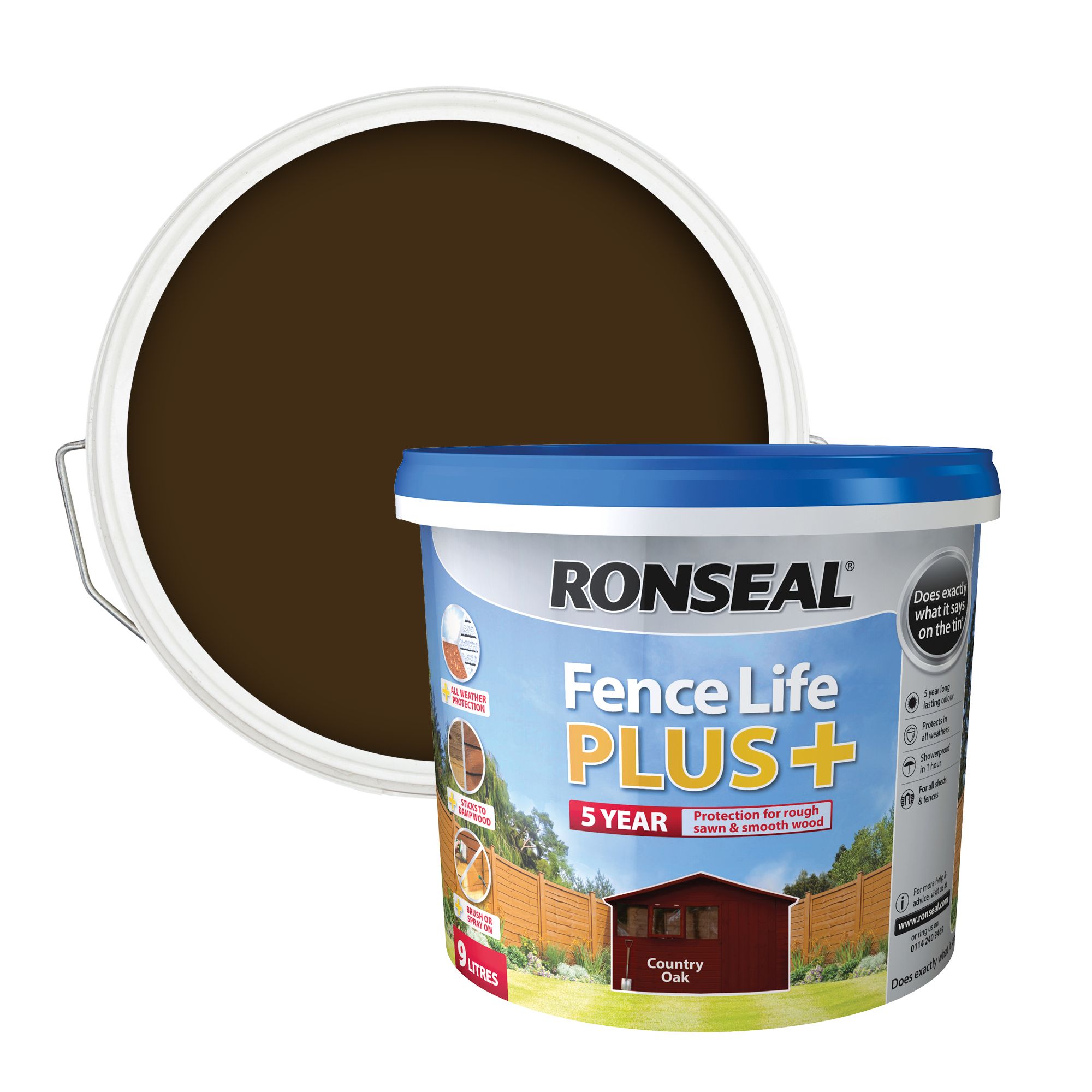 Ronseal Fence Life Plus Country oak Matt Exterior Fence & shed Wood paint, 9L Tub