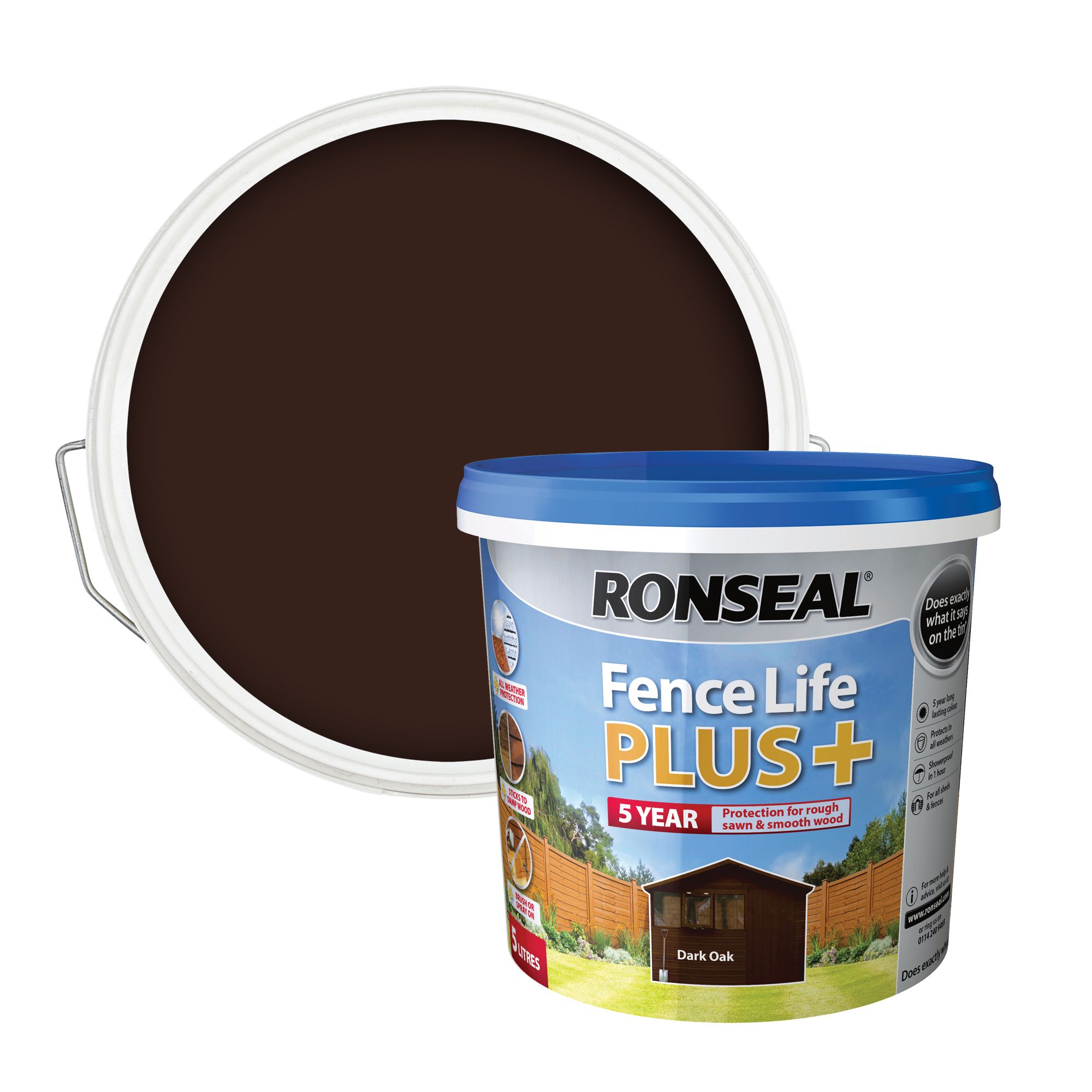 Ronseal Fence Life Plus Dark oak Matt Exterior Fence & shed Wood paint, 5L Tub