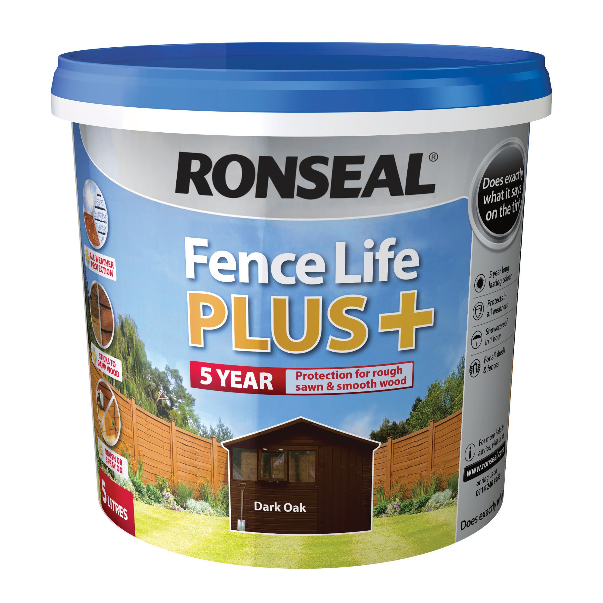 Ronseal Fence Life Plus Dark oak Matt Exterior Fence & shed Wood paint, 5L Tub