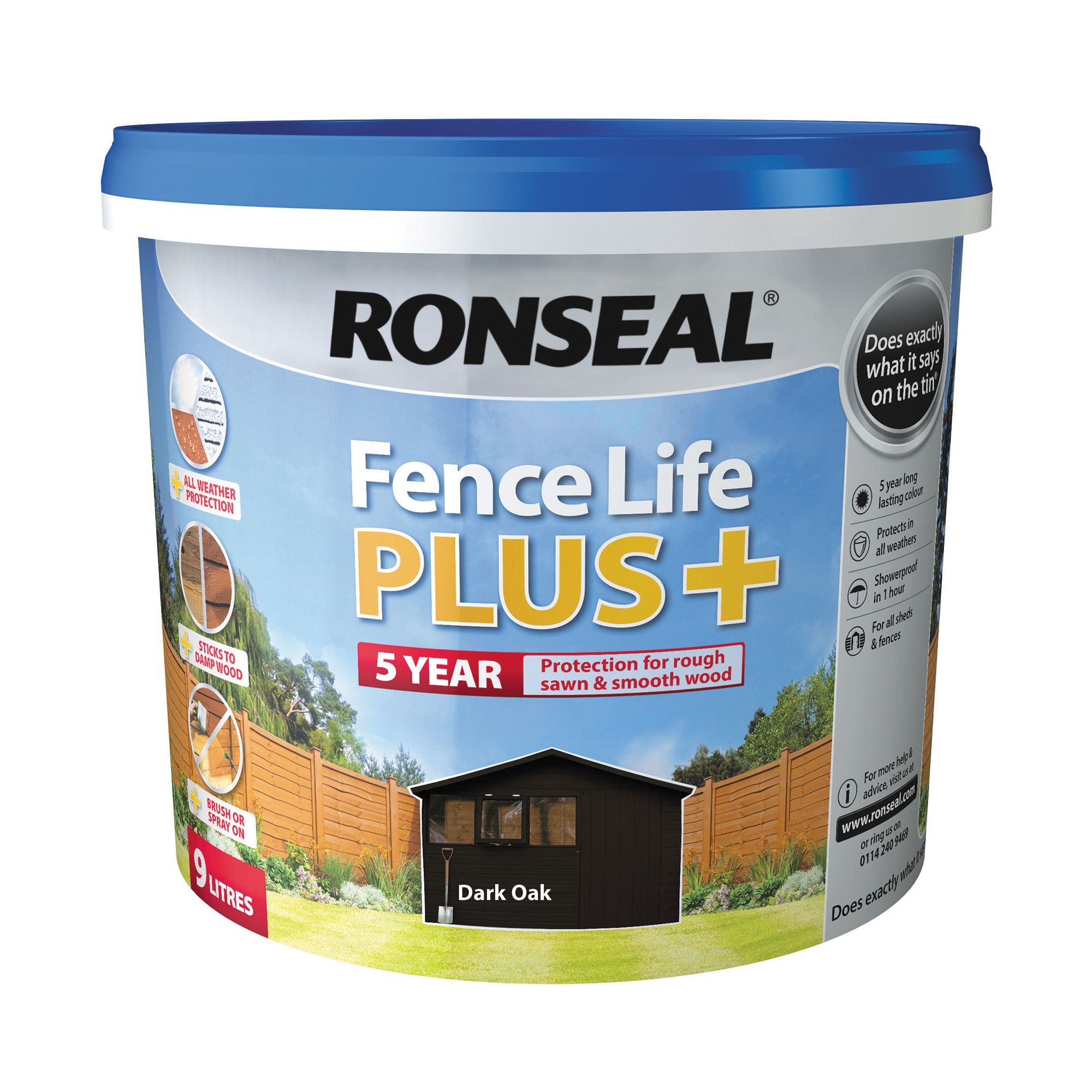 Ronseal Fence Life Plus Dark oak Matt Exterior Fence & shed Wood paint, 9L Tub