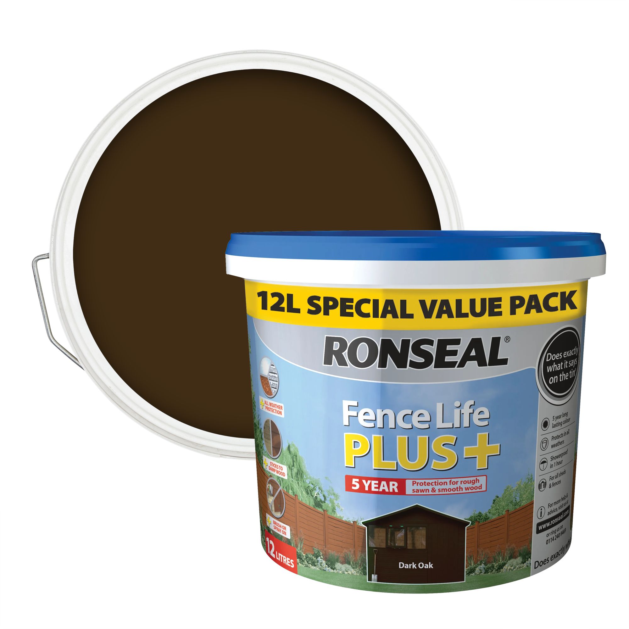 Ronseal Fence Life Plus Dark oak Matt Fence & shed Treatment, 12L