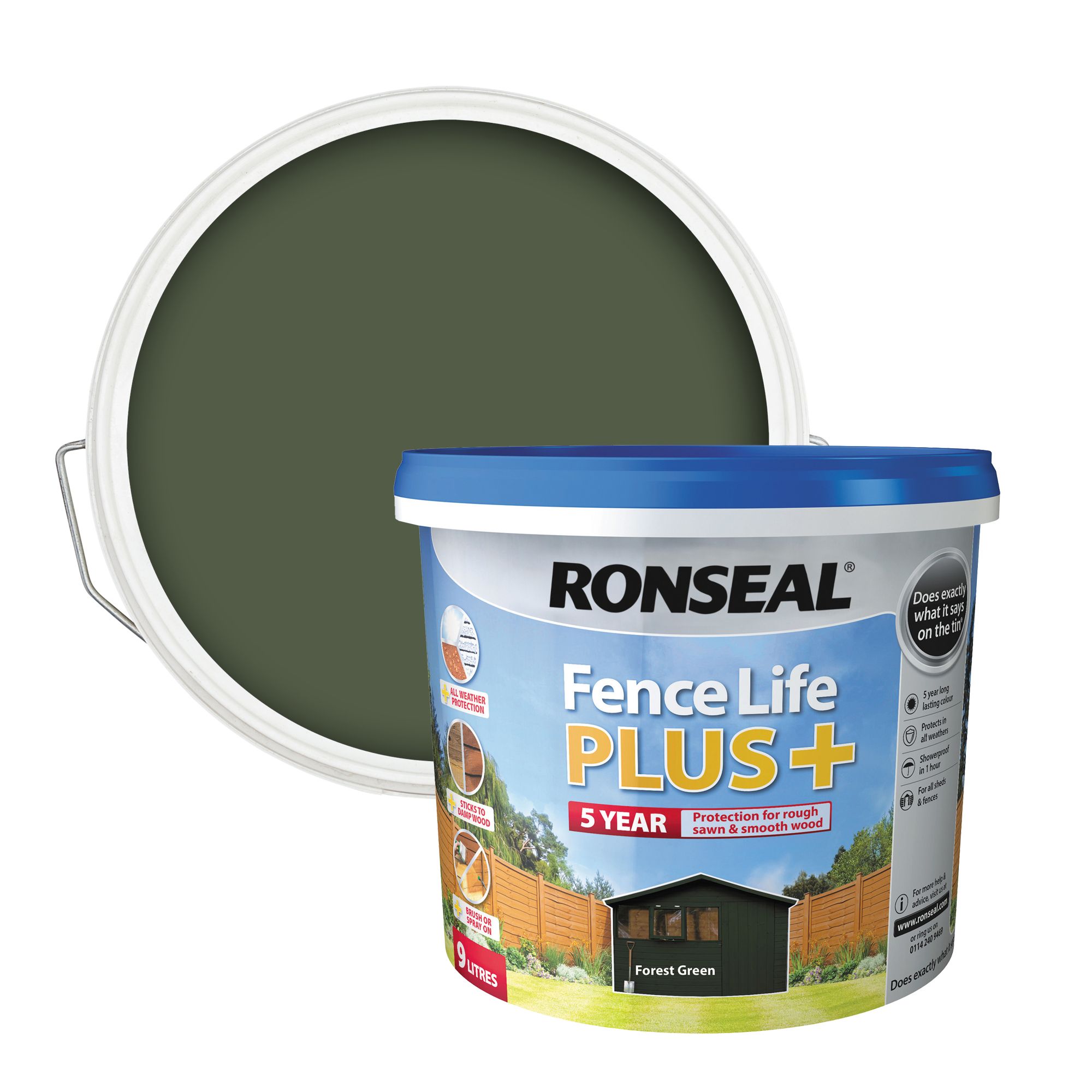Ronseal Fence Life Plus Forest green Matt Exterior Fence & shed Wood paint, 9L Tub