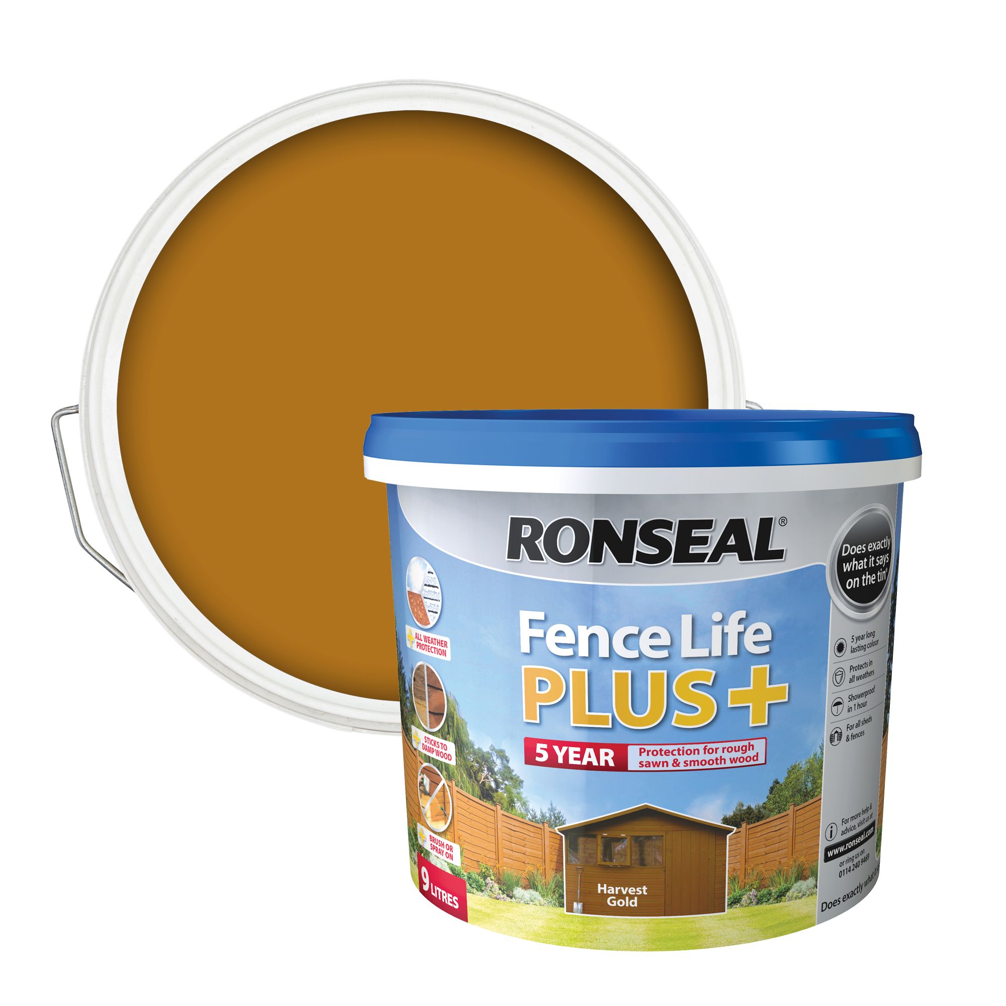Ronseal Fence Life Plus Harvest gold Matt Exterior Fence & shed Wood paint, 9L Tub