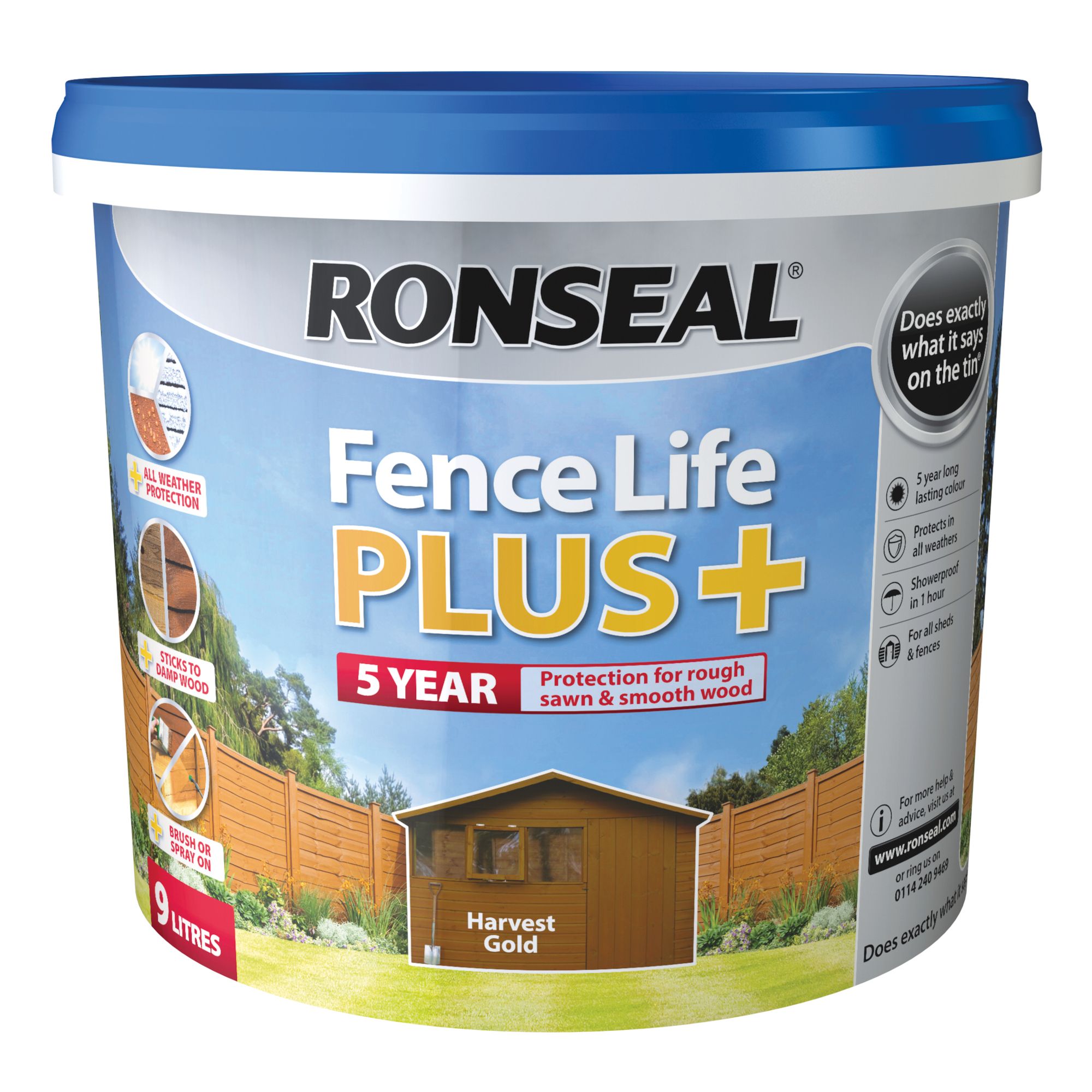 Ronseal Fence Life Plus Harvest gold Matt Exterior Fence & shed Wood paint, 9L Tub