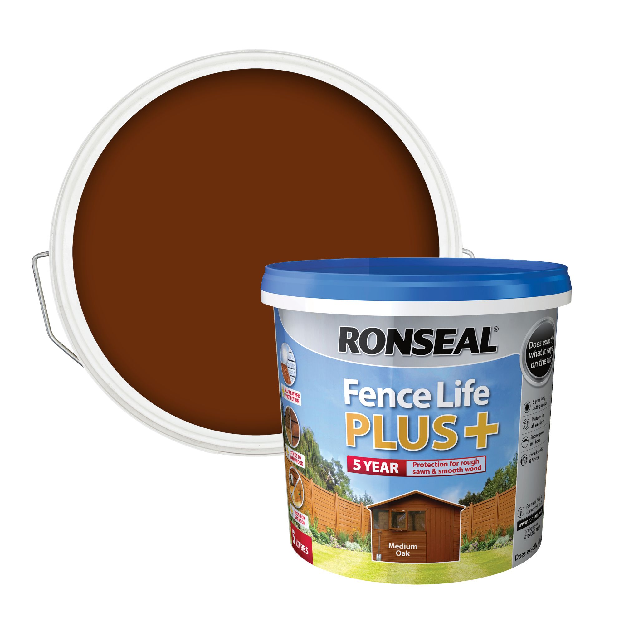 Ronseal Fence Life Plus Medium oak Matt Exterior Fence & shed Wood paint, 5L Tub