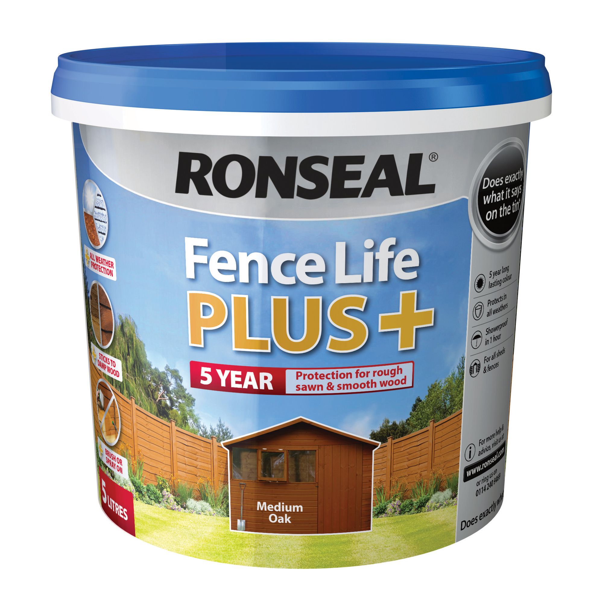 Ronseal Fence Life Plus Medium oak Matt Exterior Fence & shed Wood paint, 5L Tub