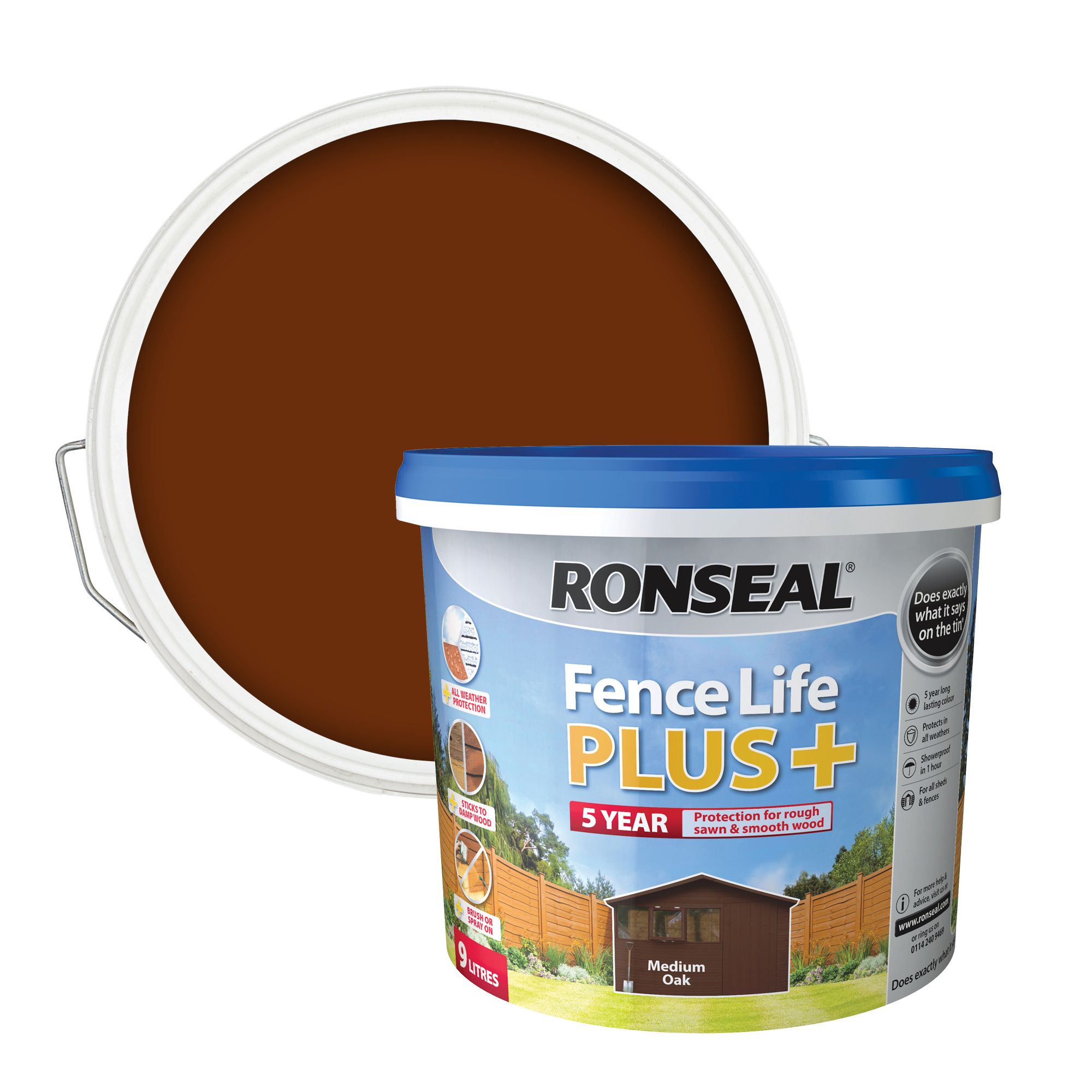 Ronseal Fence Life Plus Medium oak Matt Exterior Fence & shed Wood paint, 9L Tub