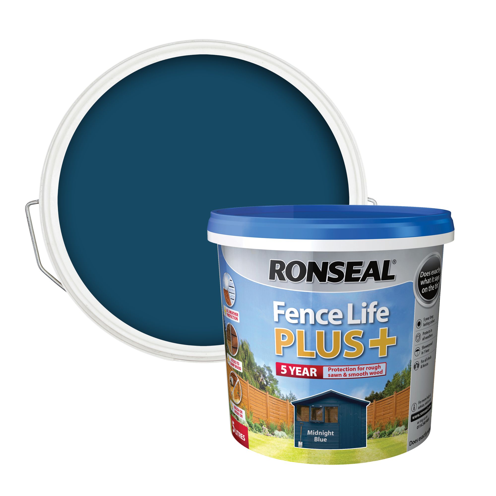 Ronseal Fence Life Plus Midnight blue Matt Exterior Fence & shed Wood paint, 5L Tub
