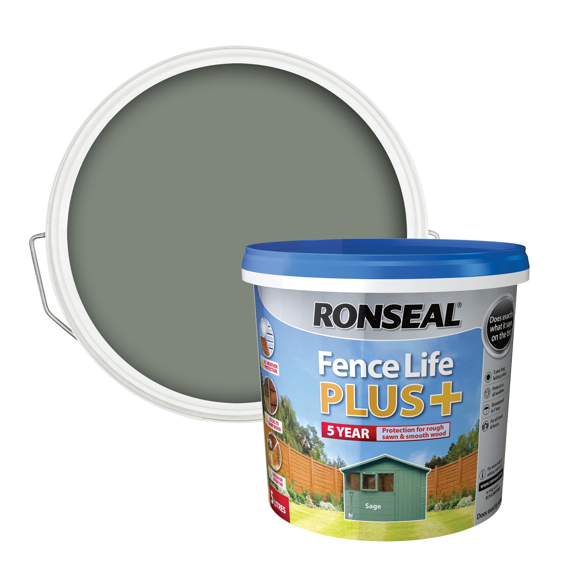 Ronseal Fence life plus Sage Matt Exterior Fence & shed Wood paint, 5L Tub