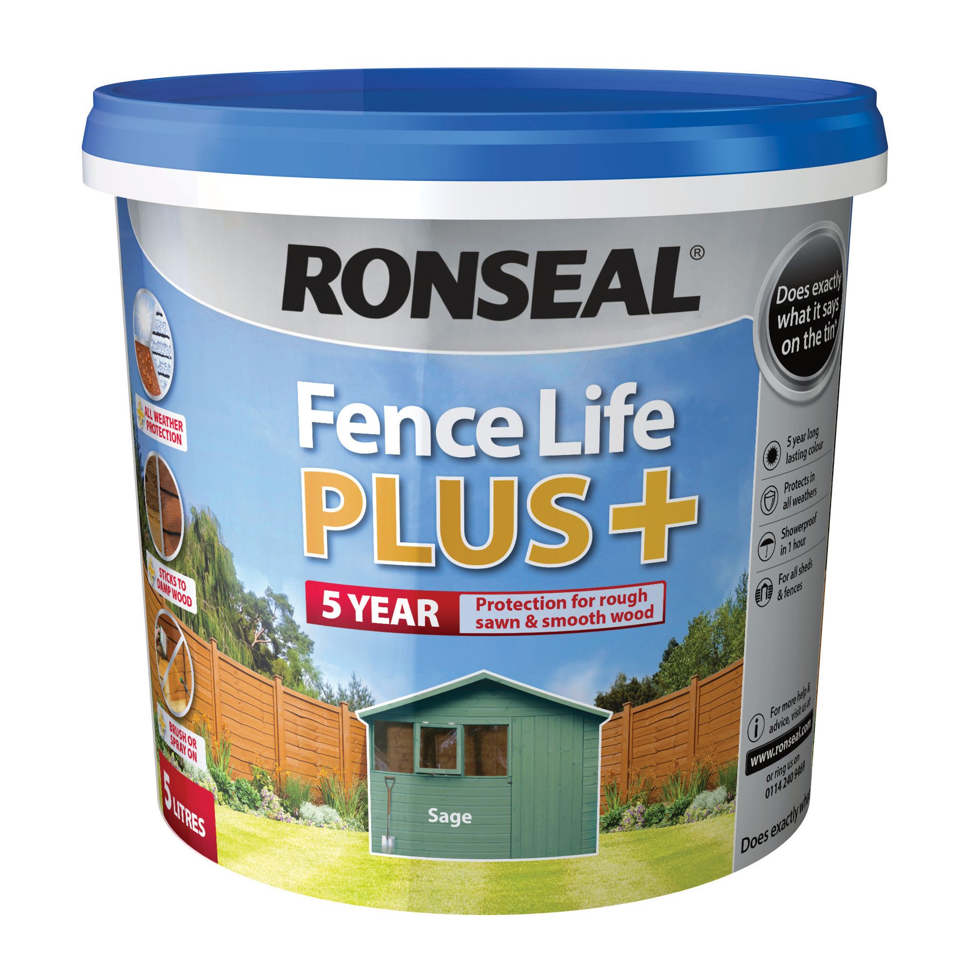 Ronseal Fence life plus Sage Matt Exterior Fence & shed Wood paint, 5L Tub