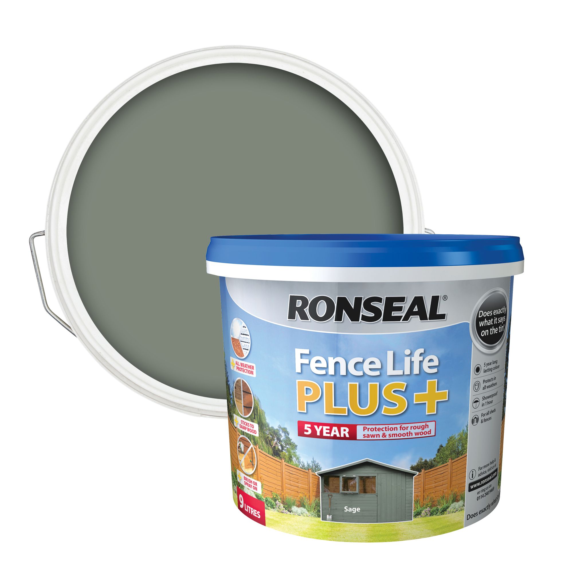 Ronseal Fence Life Plus Sage Matt Exterior Fence & shed Wood paint, 9L Tub