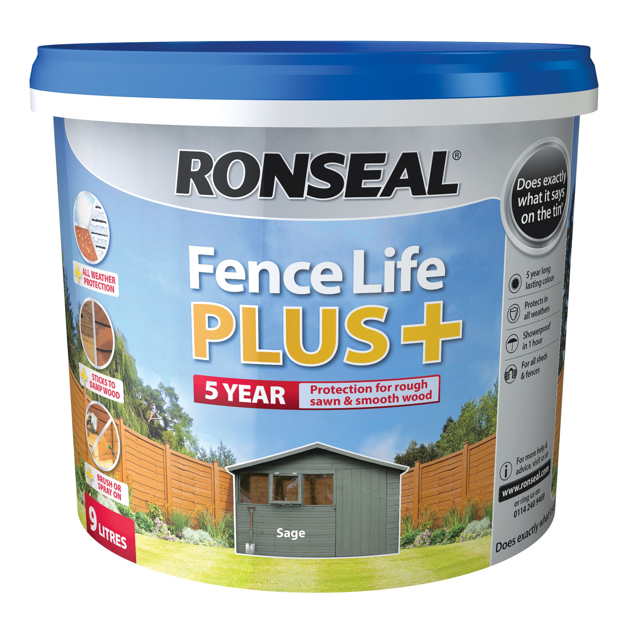 Ronseal Fence Life Plus Sage Matt Exterior Fence & shed Wood paint, 9L Tub