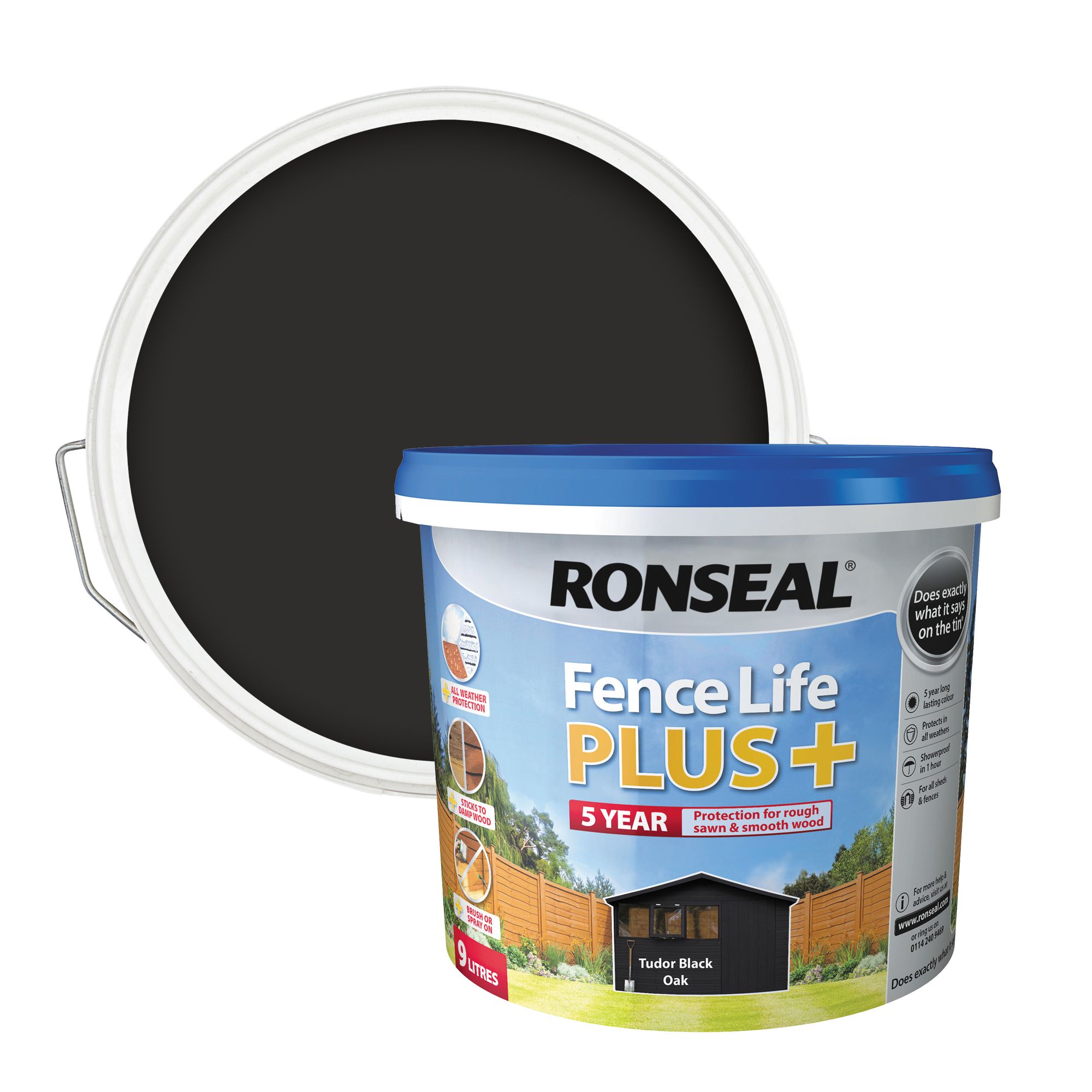 Ronseal Fence Life Plus Tudor black oak Matt Exterior Fence & shed Wood paint, 9L Tub