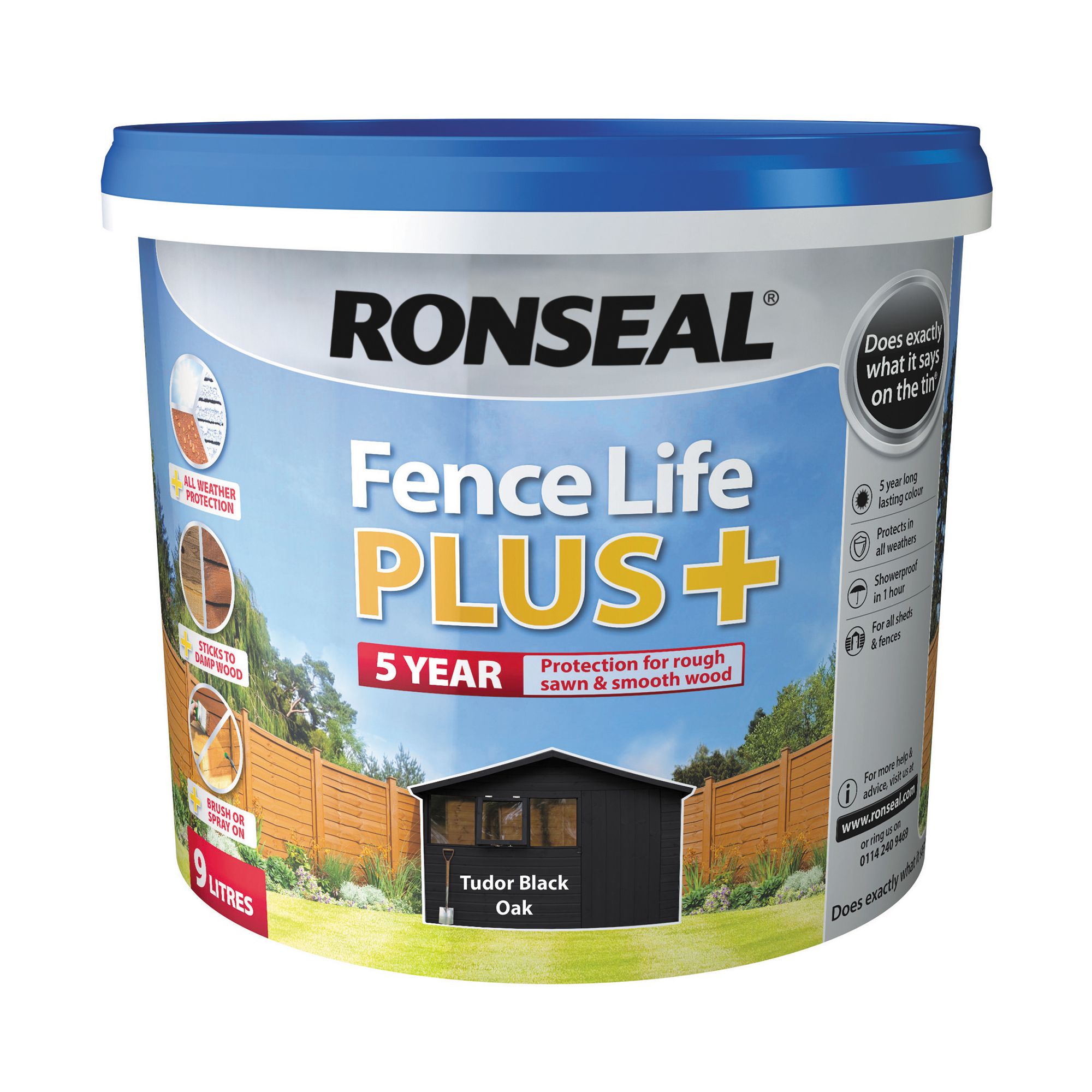 Ronseal Fence Life Plus Tudor black oak Matt Exterior Fence & shed Wood paint, 9L Tub