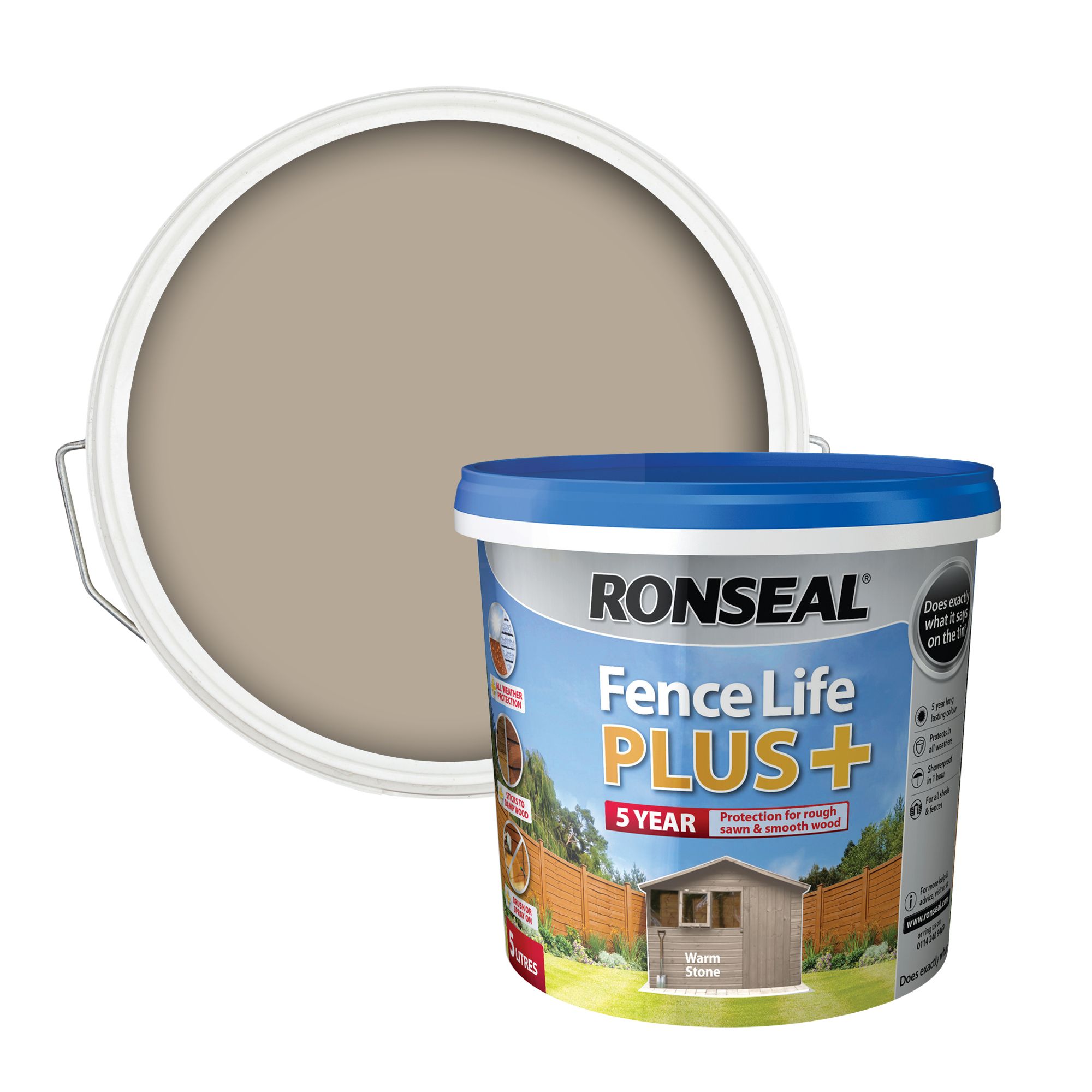 Ronseal Fence Life Plus Warm stone Matt Exterior Fence & shed Wood paint, 5L Tub