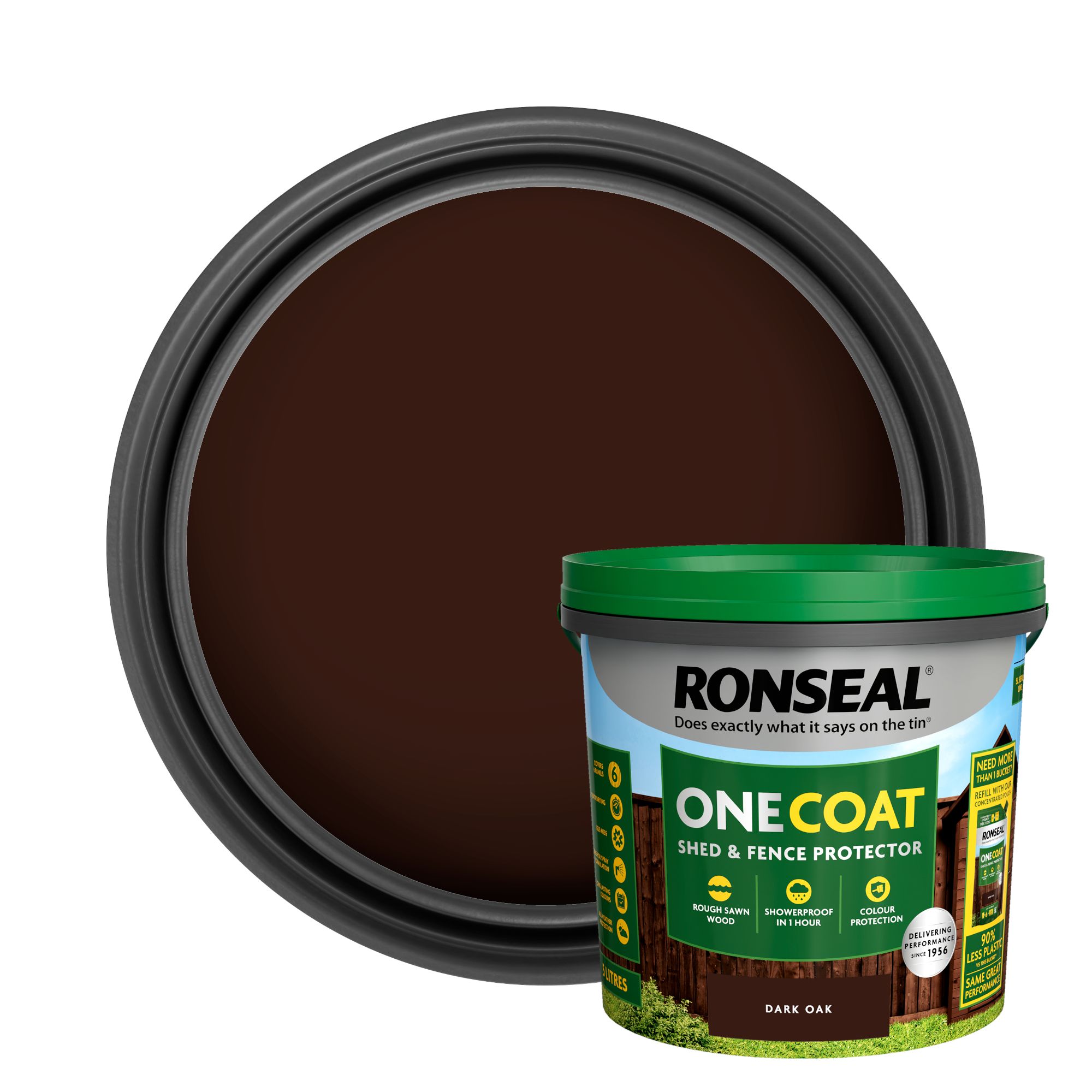 Ronseal One Coat Dark Oak Matt Exterior Shed & fence Protector Wood paint, 5L Tub