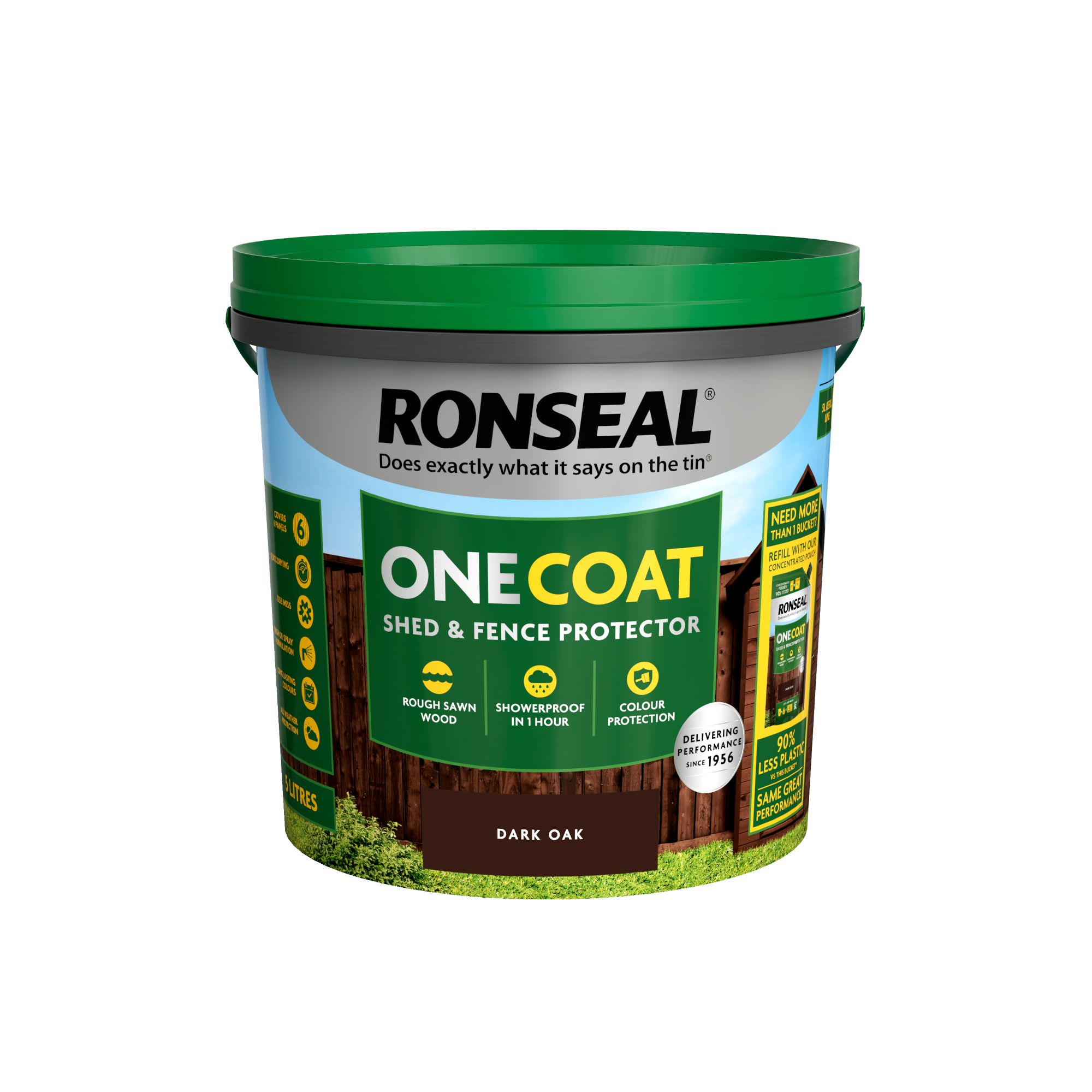 Ronseal One Coat Dark Oak Matt Exterior Shed & fence Protector Wood paint, 5L Tub