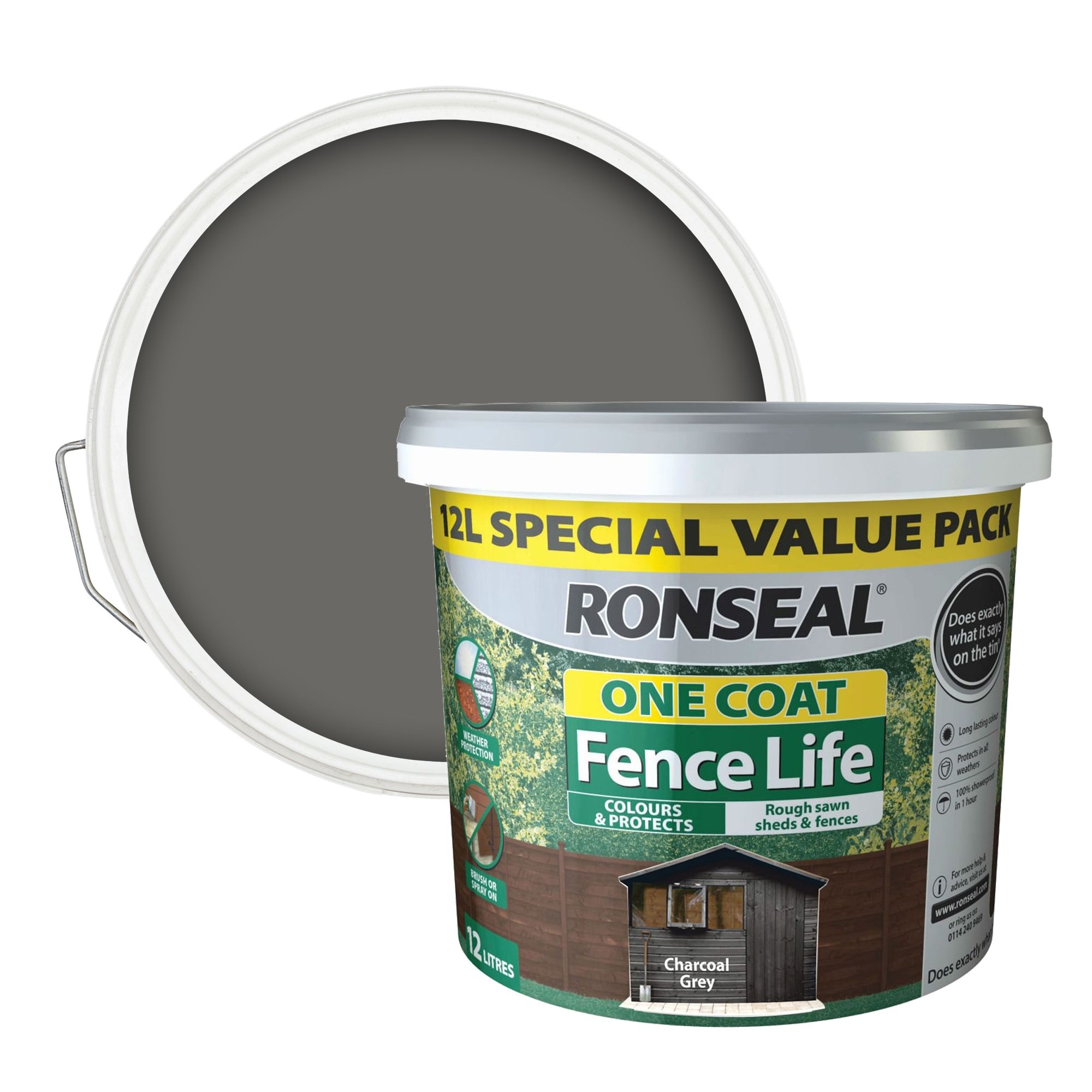Ronseal One Coat Fence Life Charcoal grey Matt Exterior Fence & shed Preserver Wood paint, 12L Tub