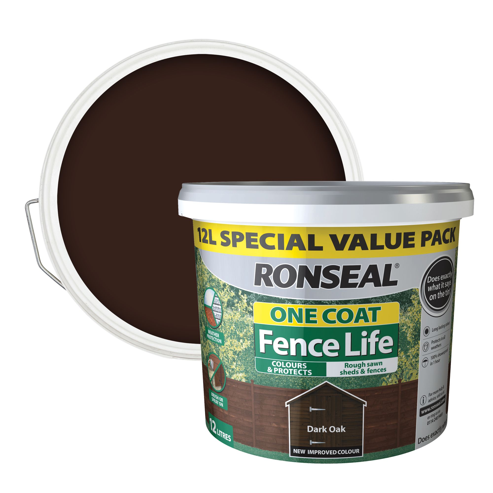 Ronseal One Coat Fence Life Dark oak Matt Exterior Fence & shed Wood paint, 12L Tub