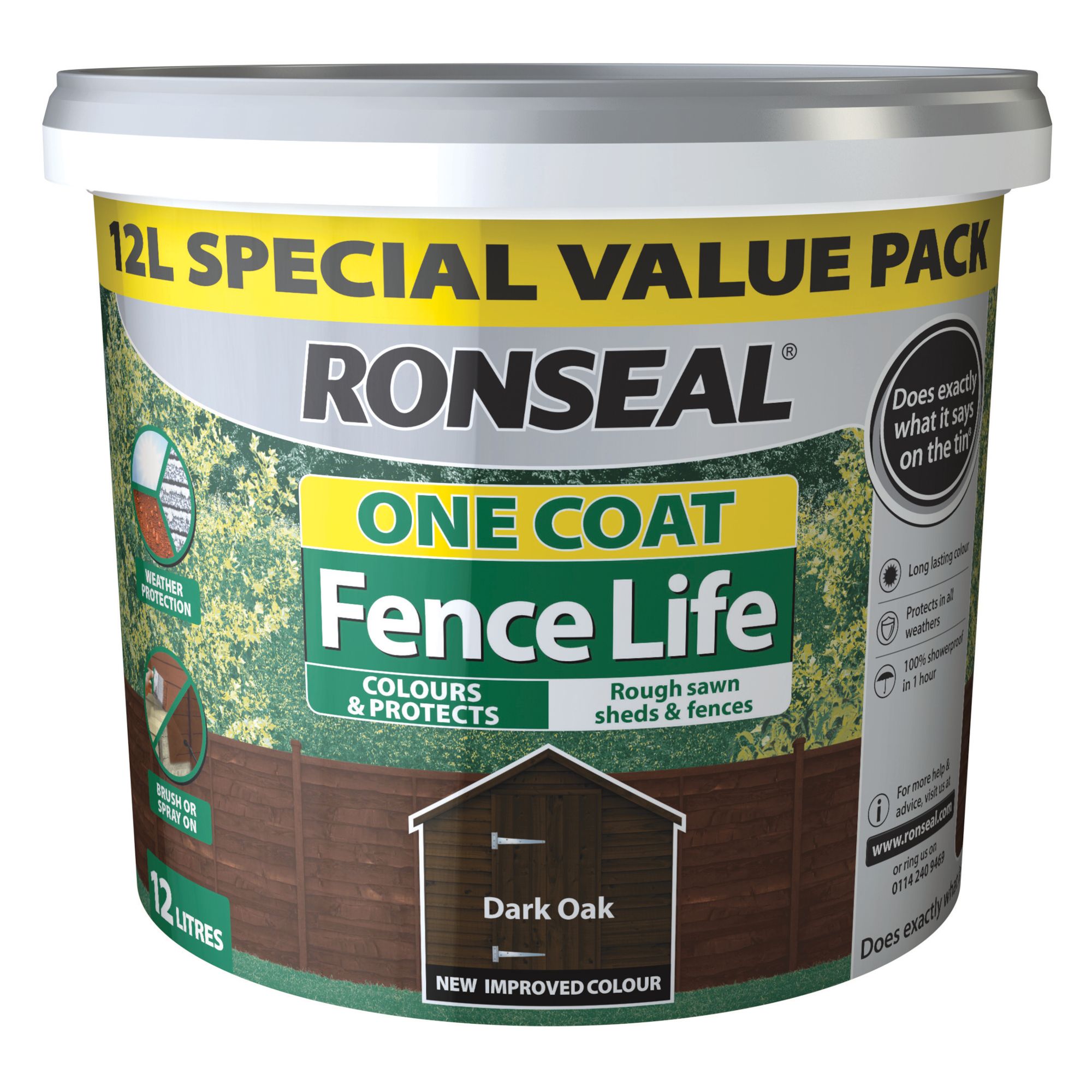 Ronseal One Coat Fence Life Dark oak Matt Exterior Fence & shed Wood paint, 12L Tub