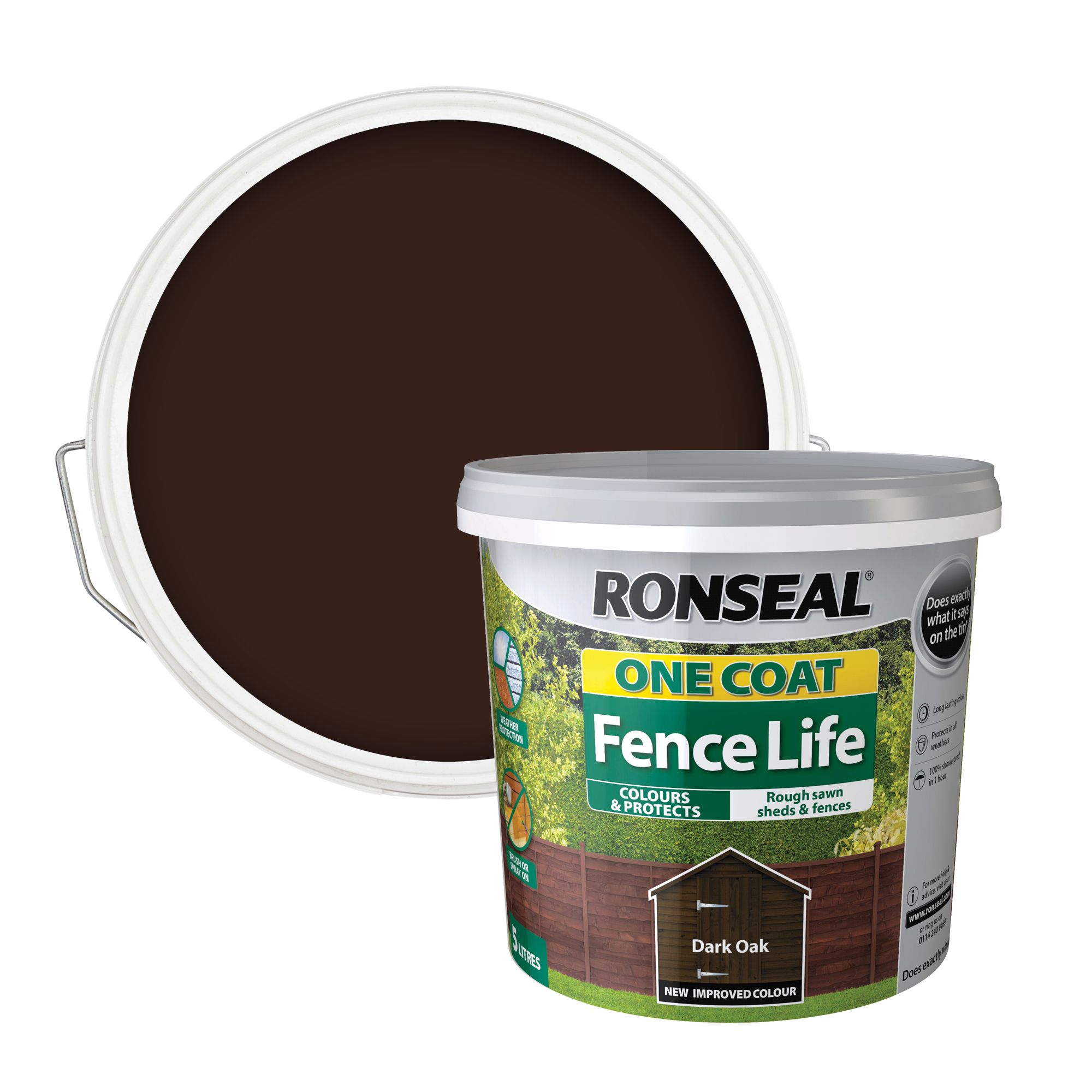Ronseal One Coat Fence Life Dark oak Matt Exterior Fence & shed Wood paint, 5L Tub