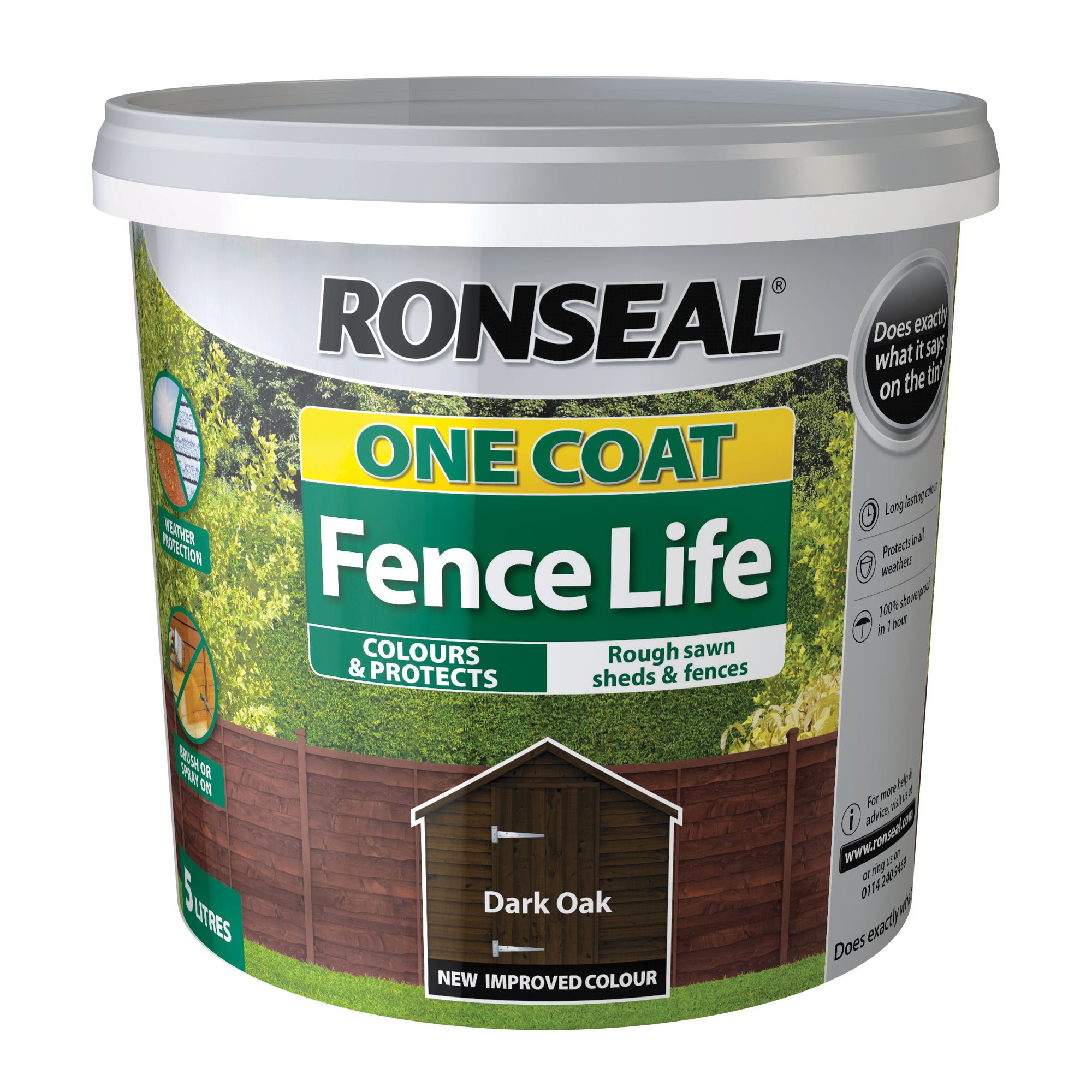 Ronseal One Coat Fence Life Dark oak Matt Exterior Fence & shed Wood paint, 5L Tub
