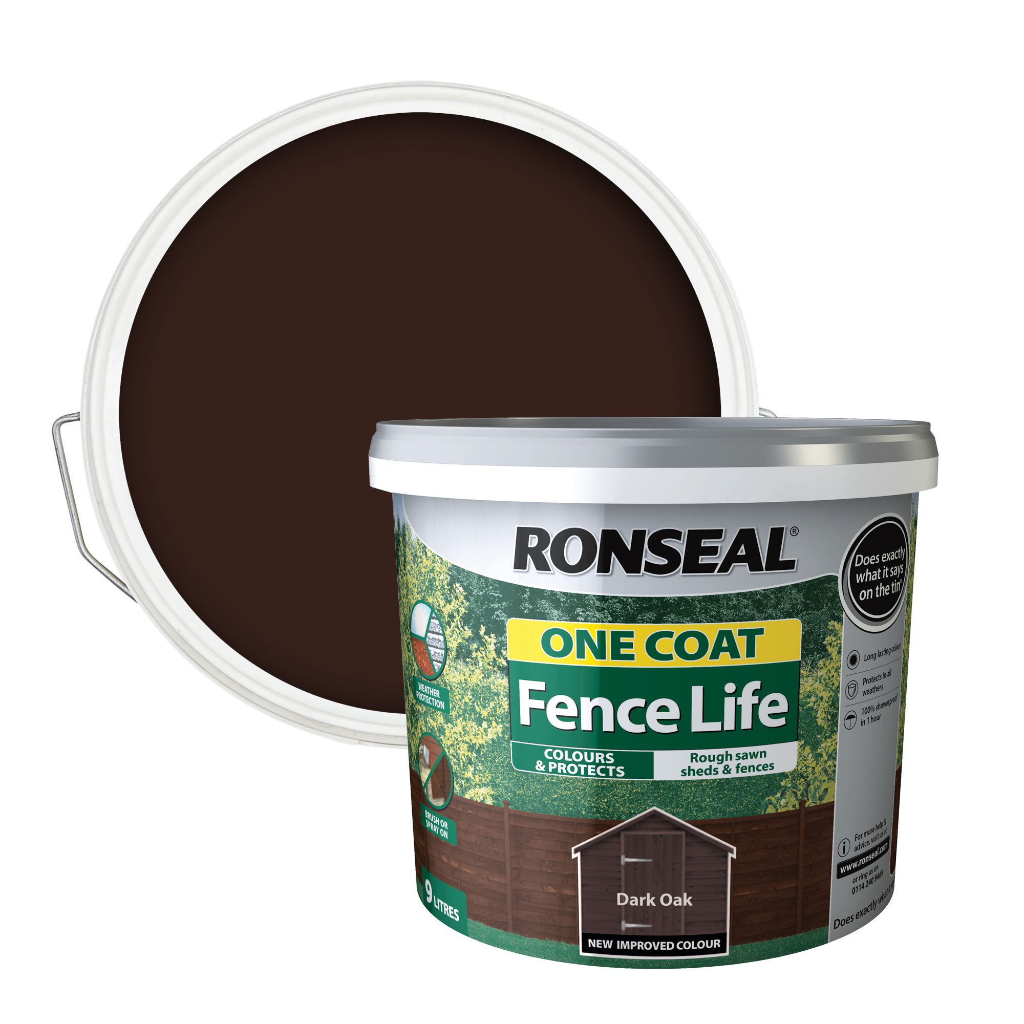 Ronseal One Coat Fence Life Dark oak Matt Exterior Fence & shed Wood paint, 9L Tub