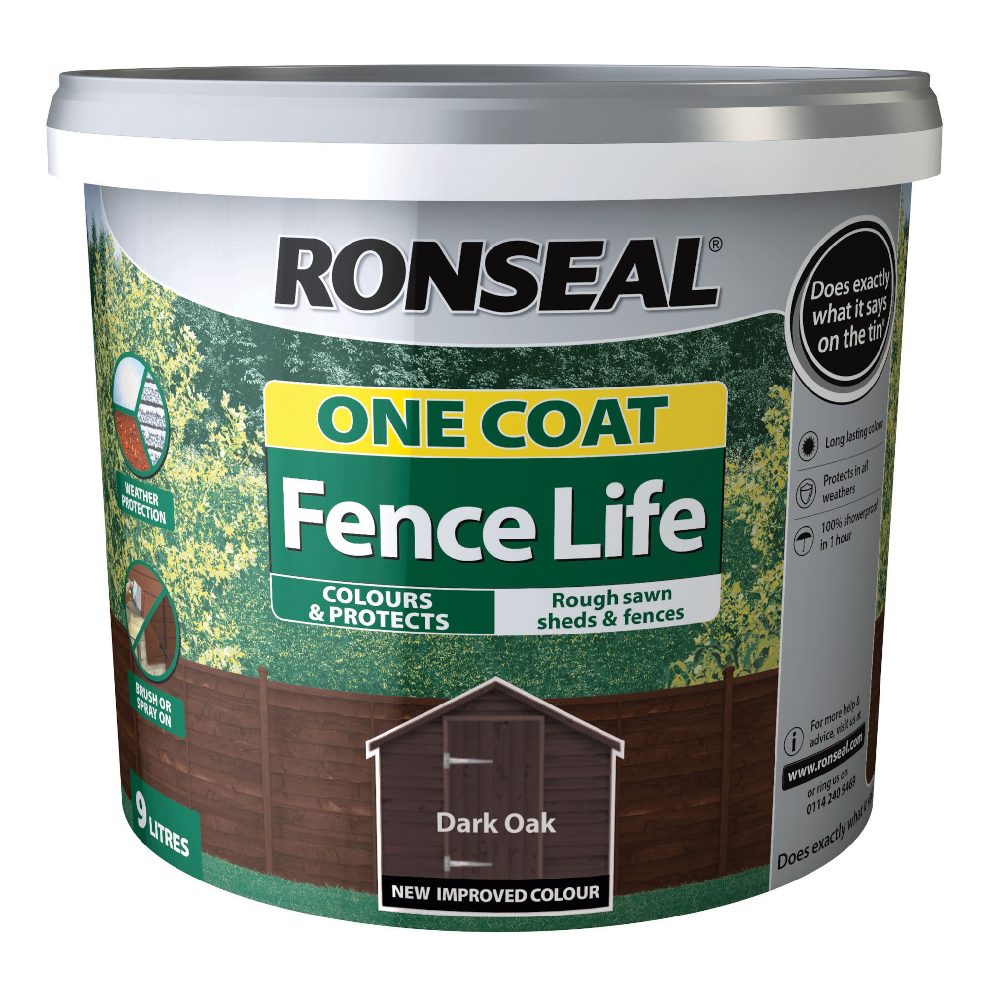 Ronseal One Coat Fence Life Dark oak Matt Exterior Fence & shed Wood paint, 9L Tub