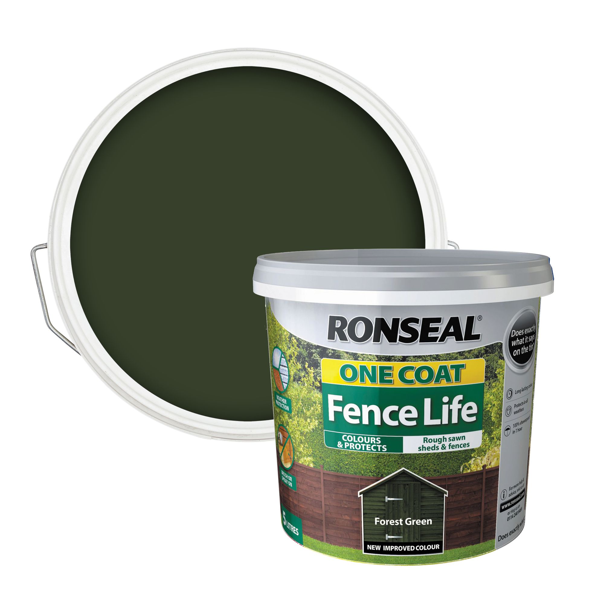 Ronseal One Coat Fence Life Forest green Matt Exterior Fence & shed Wood paint, 5L Tub