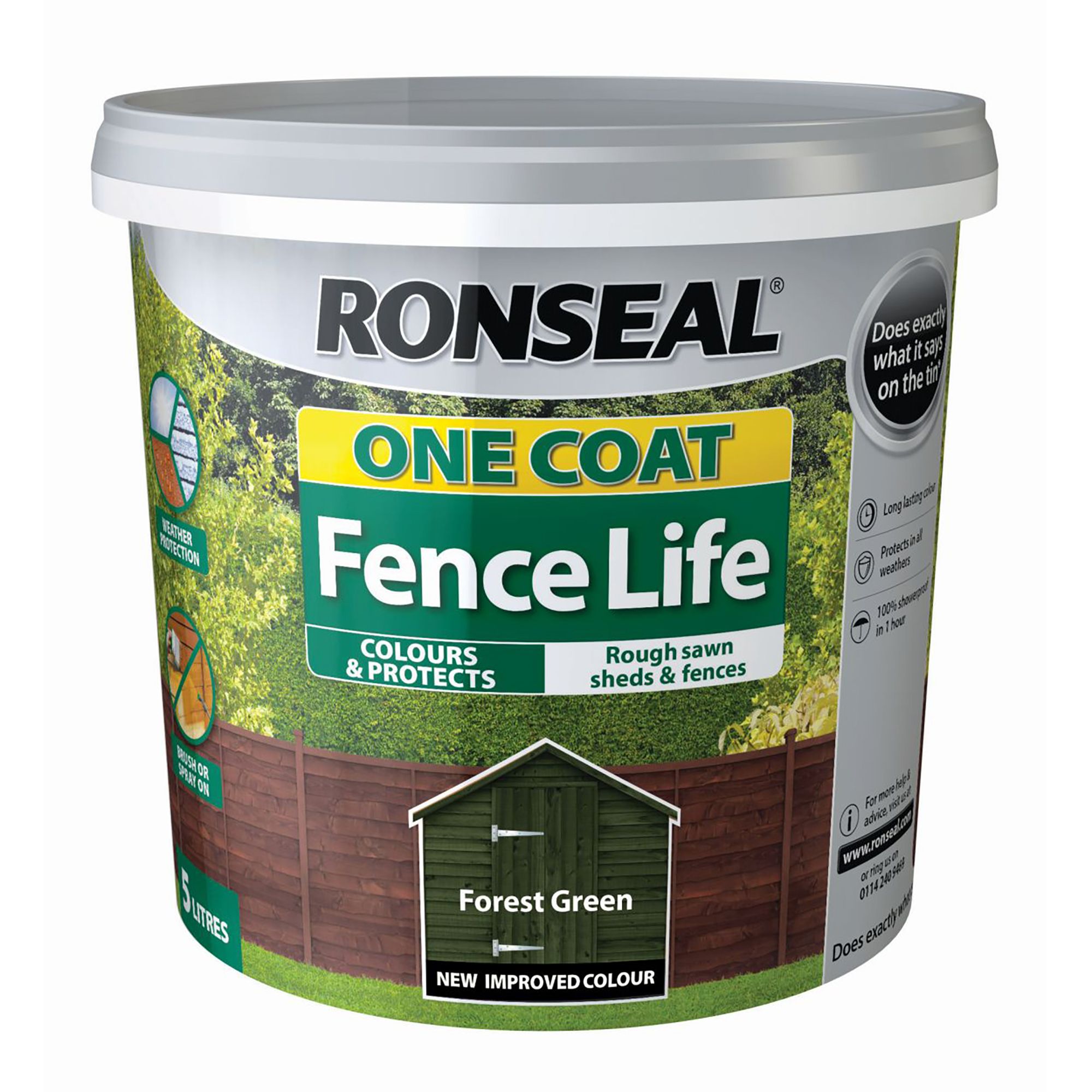 Ronseal One Coat Fence Life Forest green Matt Exterior Fence & shed Wood paint, 5L Tub