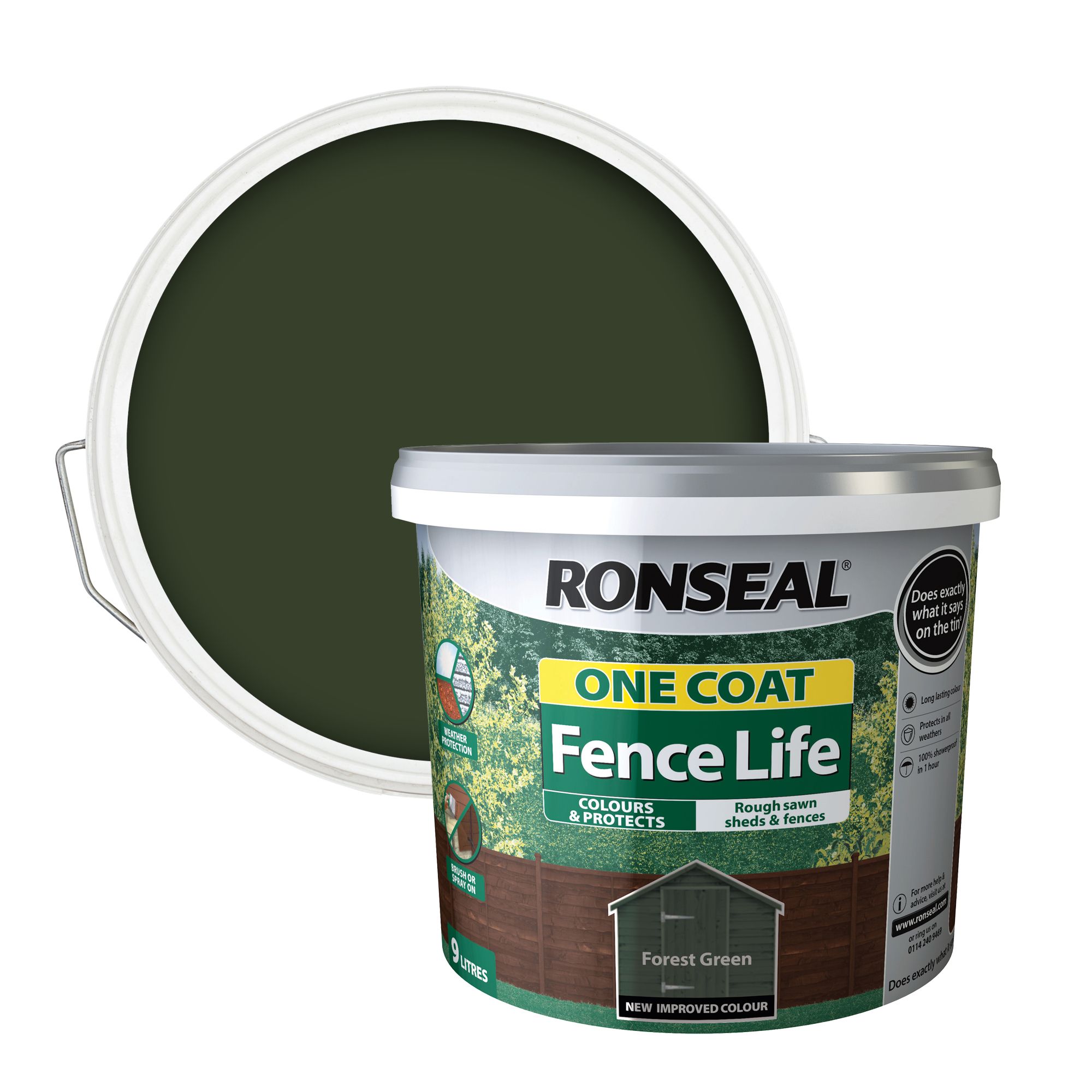 Ronseal One Coat Fence Life Forest green Matt Exterior Fence & shed Wood paint, 9L Tub