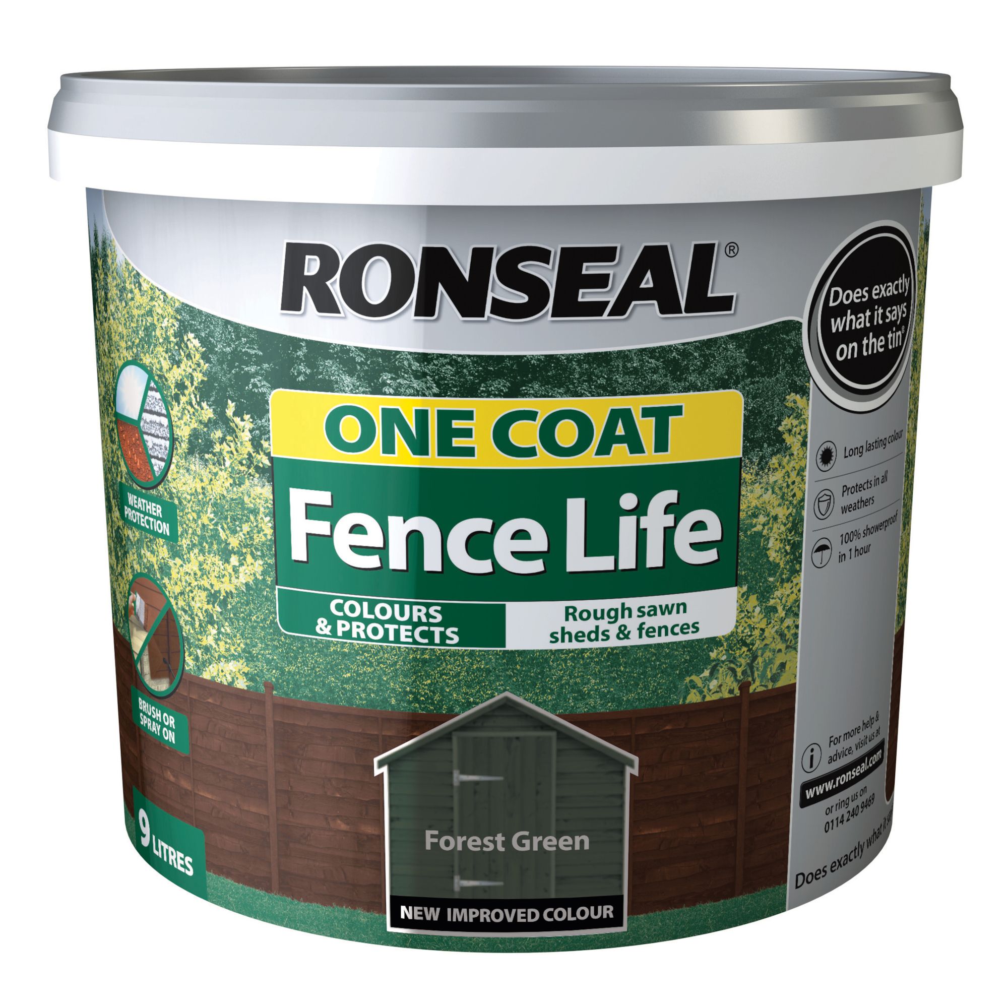 Ronseal One Coat Fence Life Forest green Matt Exterior Fence & shed Wood paint, 9L Tub